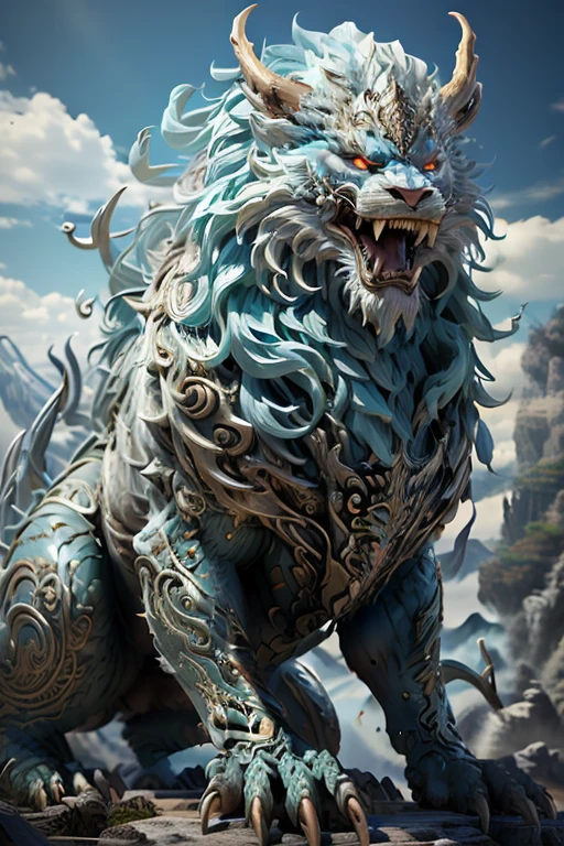 tmasterpiece，high high quality，high definition resolution，16k,realistically，(the mountains and the sea)，Evil monsters from hell，The demons，ferocious，Mizore，Old，Black-green scales，quadrupedal，deer antlers,mane hair,,sharp talons,beast of prey，Fangs and sharp teeth，Twinkle red eyes，Gigantic body，full body lesbian flames，Use ice magic，Ice and fire magic，Chinese mythology，Oriental elements，epic mythology fantasy，digital art fantasy，Ancient myths and legends，mythological creatures，Intricate fantasy illustrations, Detailed fantasy illustration, Fantasy is detailed, beautiful detailed fantasy, Magic fantasy is very detailed, Highly detailed fantasy art, Rivendell Epic Fantasy, detailed fantasy digital art, detailed fantasy art