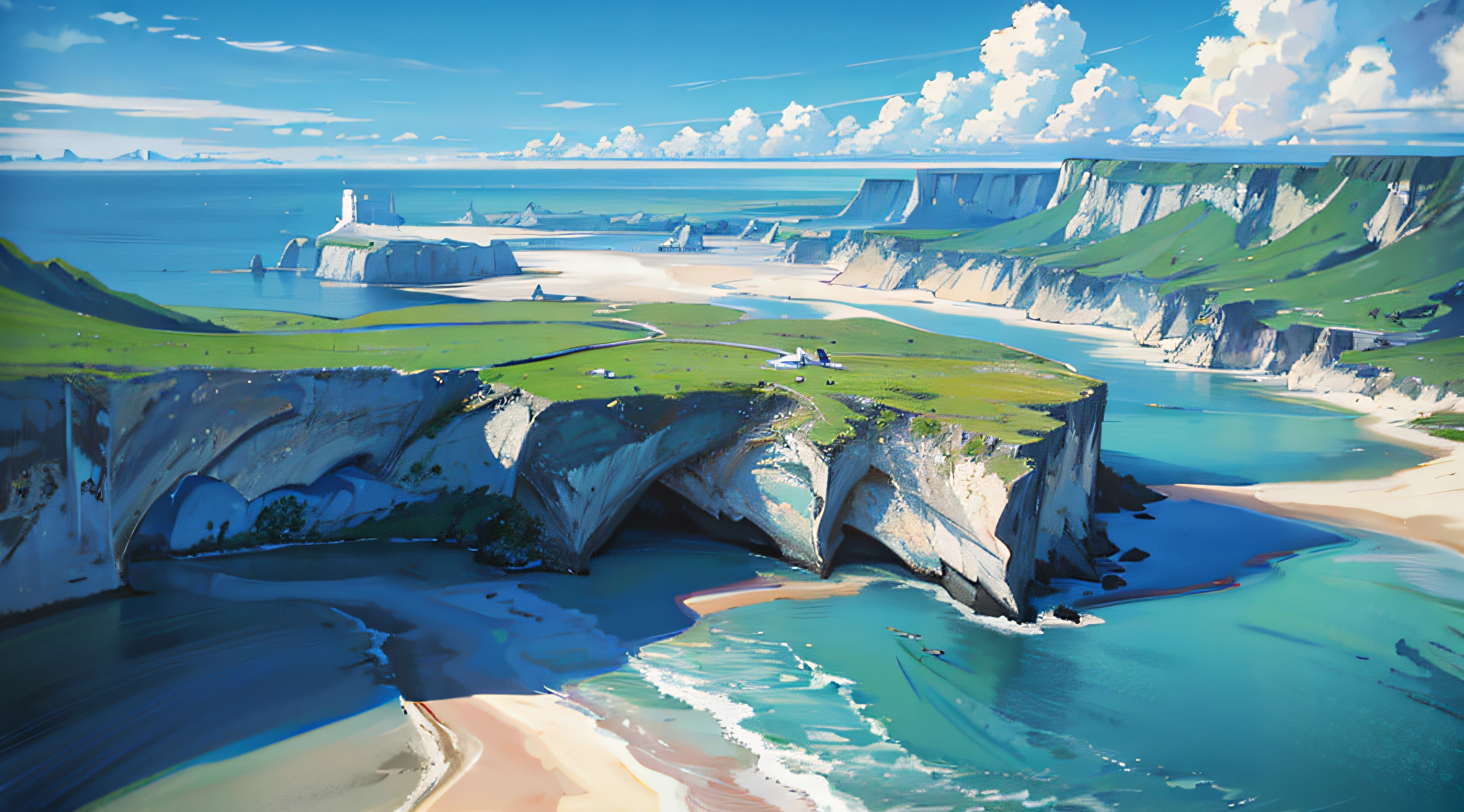 no humans, scenery, vanishing point, from below, masterpiece, best quality, 8k, absurdres, water surface, summer, noon, sunlight, blue sky, perspective, depth of field, highres, finely detail, ultra-detailed, sharp focus, ocean, cliffside, birds eye view,