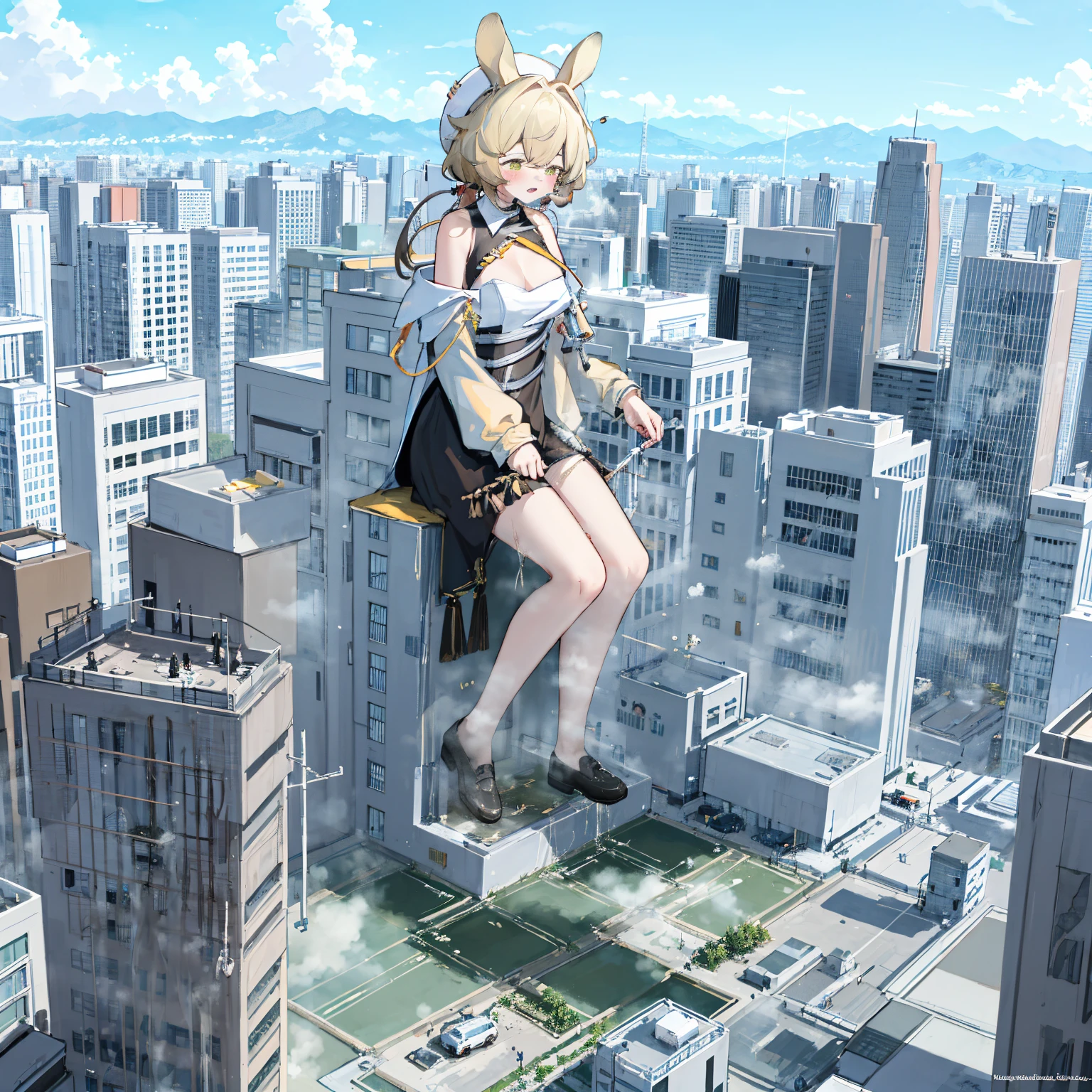 NSFW，​​{A giantess}，{1个Giant Breast Girl}，{are standing}，{urine discharge}​​，cloud， looking over city， mountain ranges， tmasterpiece, Best quality, The content is very detailed,tmasterpiece,Best quality,offcial art,extremely detaild的 CG unified 8k wallpapers，{{{A giantess}}}，Huge girl，1 girl，modern miniature city，pissing，{corrosive urine}，{corroded building}，corroded ground，Urine pits，No shoes，{blackstockings}，face flushed，comfortable expressions，pissing，urine，Nourishes urine，Urine eruption，Urine gives off steam，{Pee while standing on a modern miniature city}，The city is full of urine