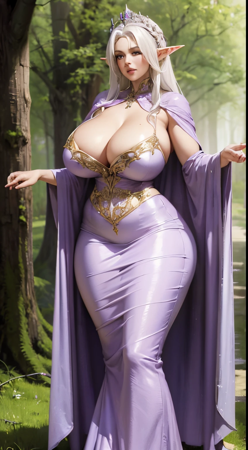 breathtaking 8k, masterpiece, mature woman, ((lilac) fairy dress), elf queen, gigantic breasts, (white hair), full body, award-winning, professional, highly detailed, mamma size, curvy body, in forest, 37-year-old, sexy milf elf,