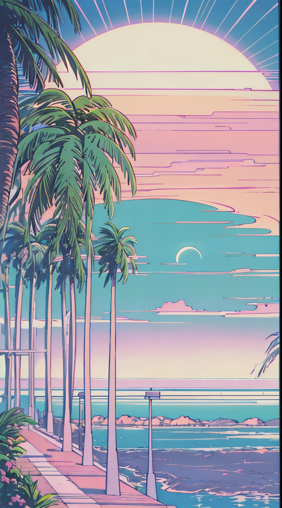 (((Hiroshi Nagai))),a moon,Faraway view,shores,Palm trees,Abstract,Resort,muted pastel colors,Soft Pictures,retro anime, 1990s anime, 1980s anime, retro anime,Retro anime style,masutepiece, Best Quality, Old School Anime, Beautiful anime
