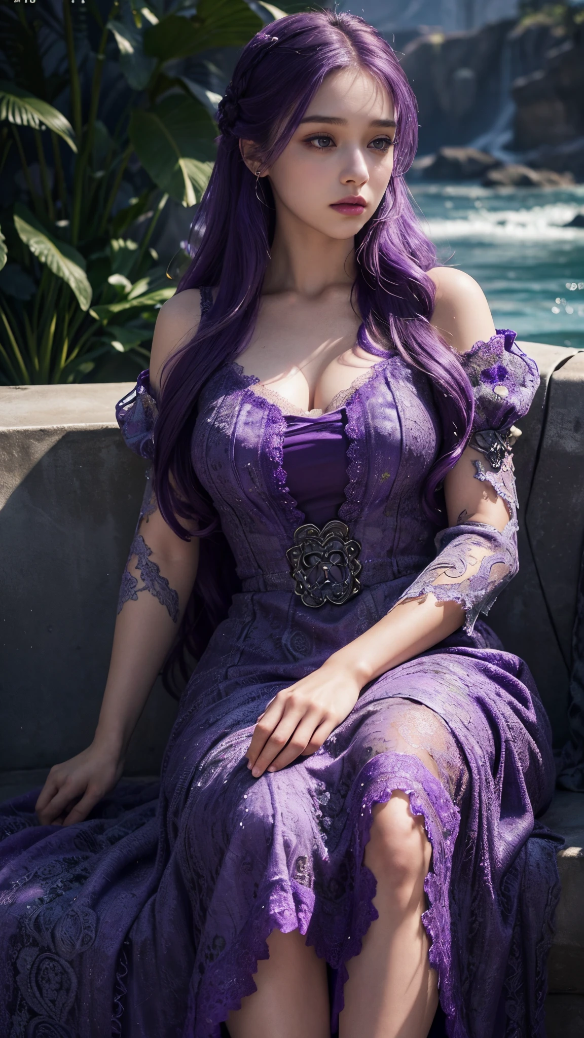 Irish woman, anime, cute, beautiful, forest landscape in the background, high quality, night, 8k, long light purple hair, green eyes, red lips, eyelashes, standing, long beautiful white dress, off the shoulder sleeves, sweetheart neckline, slim skirt, library
