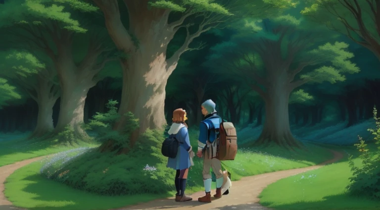 Anime scene of a boy and girl with a dog in the forest, boromir in an anime world, Boromir in 80\'s anime world, anime lush john 8k forest, ghibli screenshot, ghibli studio anime style, Ghibli Nausicaa of the Valley of the Wind, ghibli artstyle, cinematics, In Studio Ghibli style, studio ghibli artstyle, style in ghibli anime