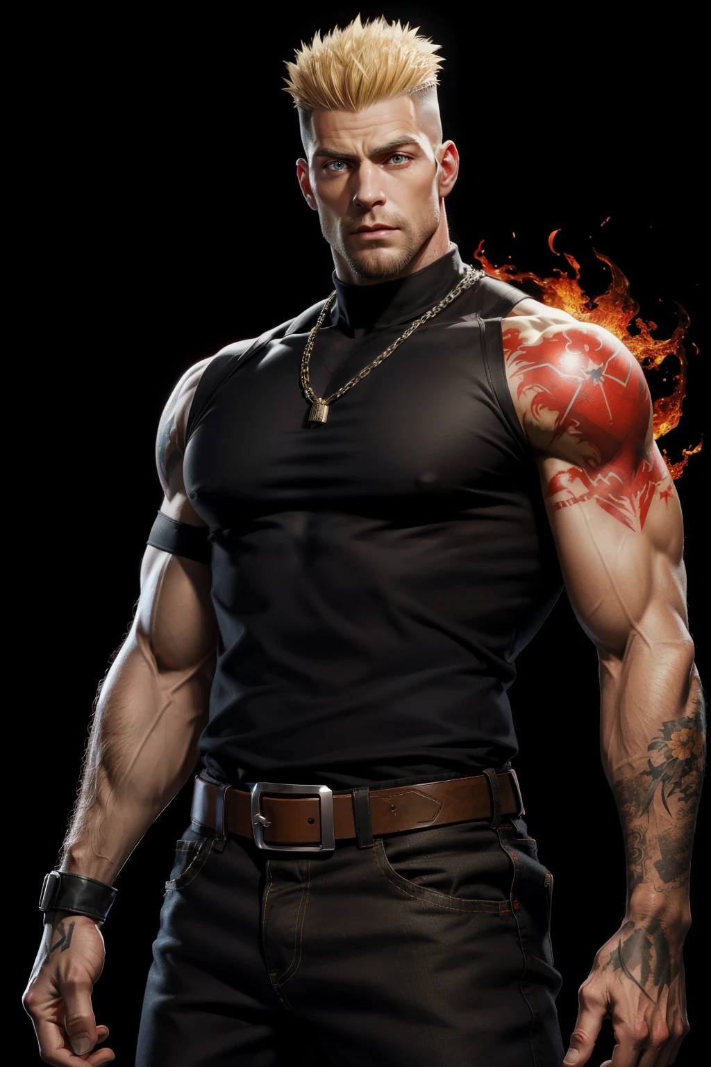 A realistic North American man, in his 30s, based on Guile from Street Fighter 6, very strong, broad shoulders, with a tattoo on his arm, eye irises of the same color, very detailed eyes, with brown hair, very short hair , wearing a black camouflage army blouse, black and red blouse, black jeans, fractal background, in the background there are red flames, dark background, studio lighting, Fractal Art