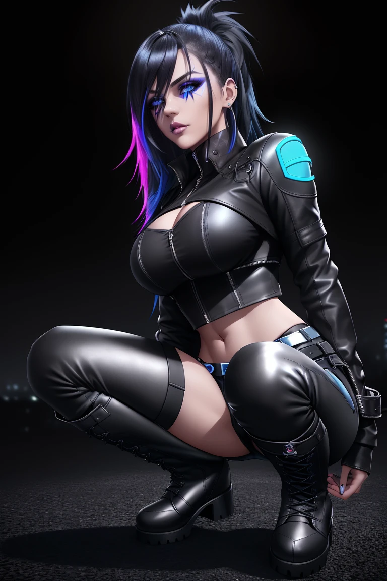 beautiful girl, full body, short bright blue neon streaked dishevelled hair, large blue piercing eyes, black eyeshadow, (street style wear:1.2), ((tight fitted pants)), ((knee high leather boots)), (dark city night black background:1.4), dark makeup, digital art, trending on artstation, highly detailed, fine detail, intricate, beautiful detailed glow, detailed, high-res, detailed facial features, sharp focus, smooth, aesthetic,