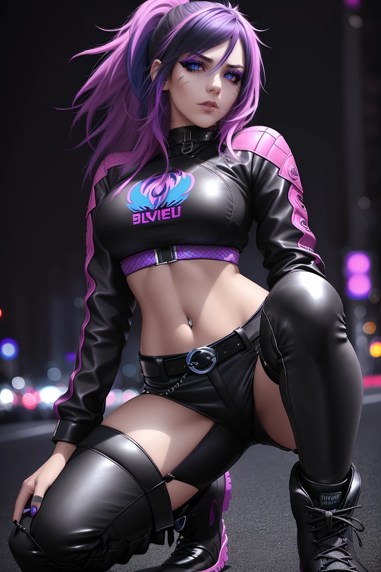 beautiful girl, full body, short bright blue and magenta streaked dishevelled hair, large blue piercing eyes, black eyeshadow, (street style wear:1.2), ((tight fitted pants)), ((knee high leather boots)), (dark city night black background:1.4), dark makeup, digital art, trending on artstation, highly detailed, fine detail, intricate, beautiful detailed glow, detailed, high-res, detailed facial features, sharp focus, smooth, aesthetic,