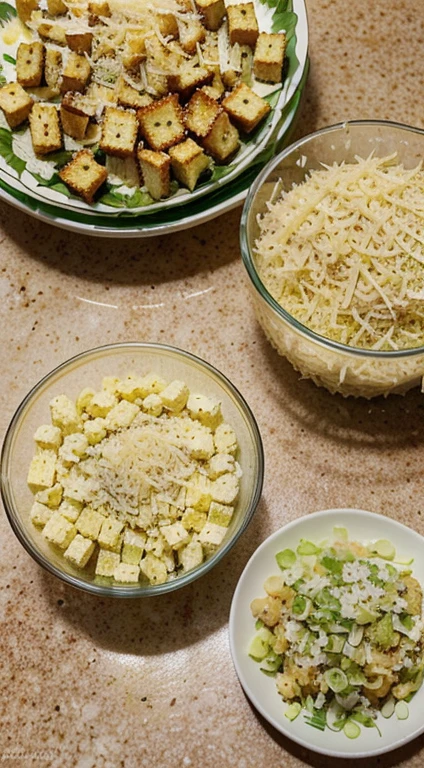Caesar Salad Recipe:

Imagem dos ingredientes principais (alface romana, croutons, Parmesan cheese, Caesar sauce).
Fotos mostrando o processo de montagem da salada: lavar a alface, adicionar os croutons, o queijo, regar com o molho e a mistura.