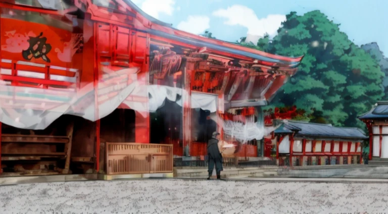 Anime scene of a man standing in front of a red building, Inari Shrine, shrines, A Japanese shrine, japanese temples, anime scene, japanese temples, a temple background, a temple, Kuro anime screenshots, in style of kyoto animation, in front of a temple, beautiful anime scenes, Anime background art, Colorful anime movie background, near a japanese shrine