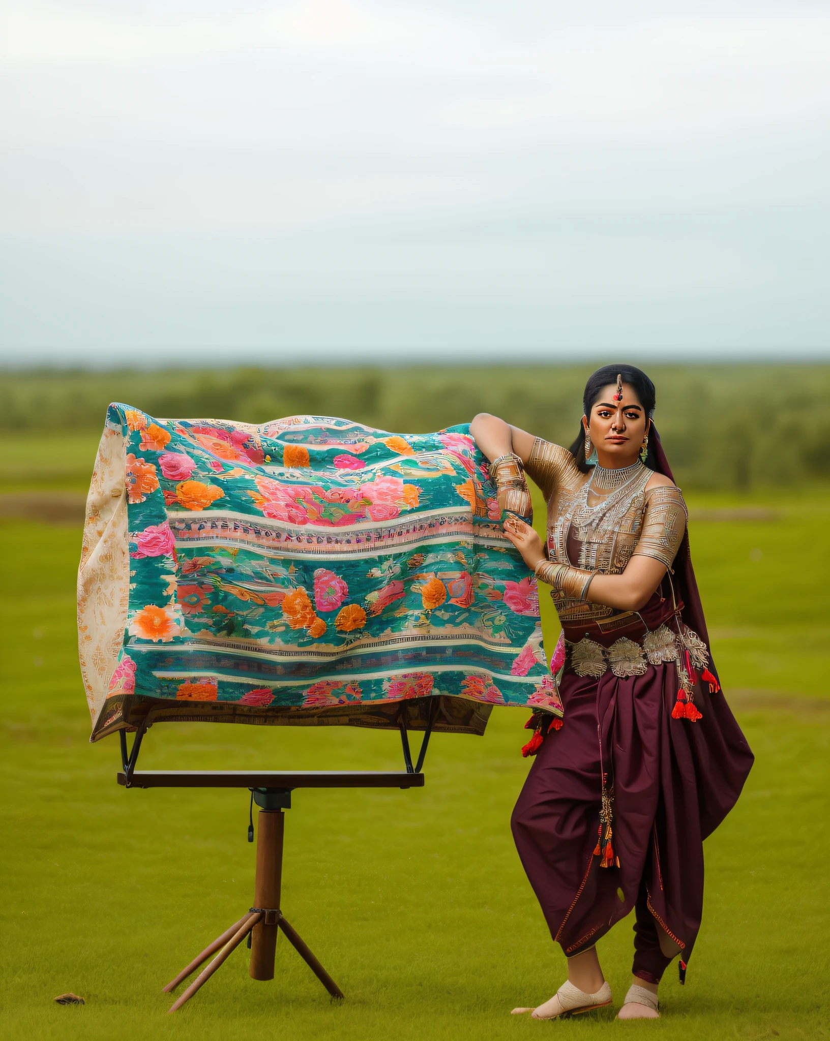 Ultra 8k, araffe woman standing in a field with a blanket on a tripod, wearing an elegant tribal outfit, traditional photography, traditional costume, traditional dress, she is dressed in shaman clothes, traditional beauty, indian style, captured on canon eos r 6, shot on nikon z9, a young female shaman, traditional clothes, india, wearing traditional garb, oil painting 8k
