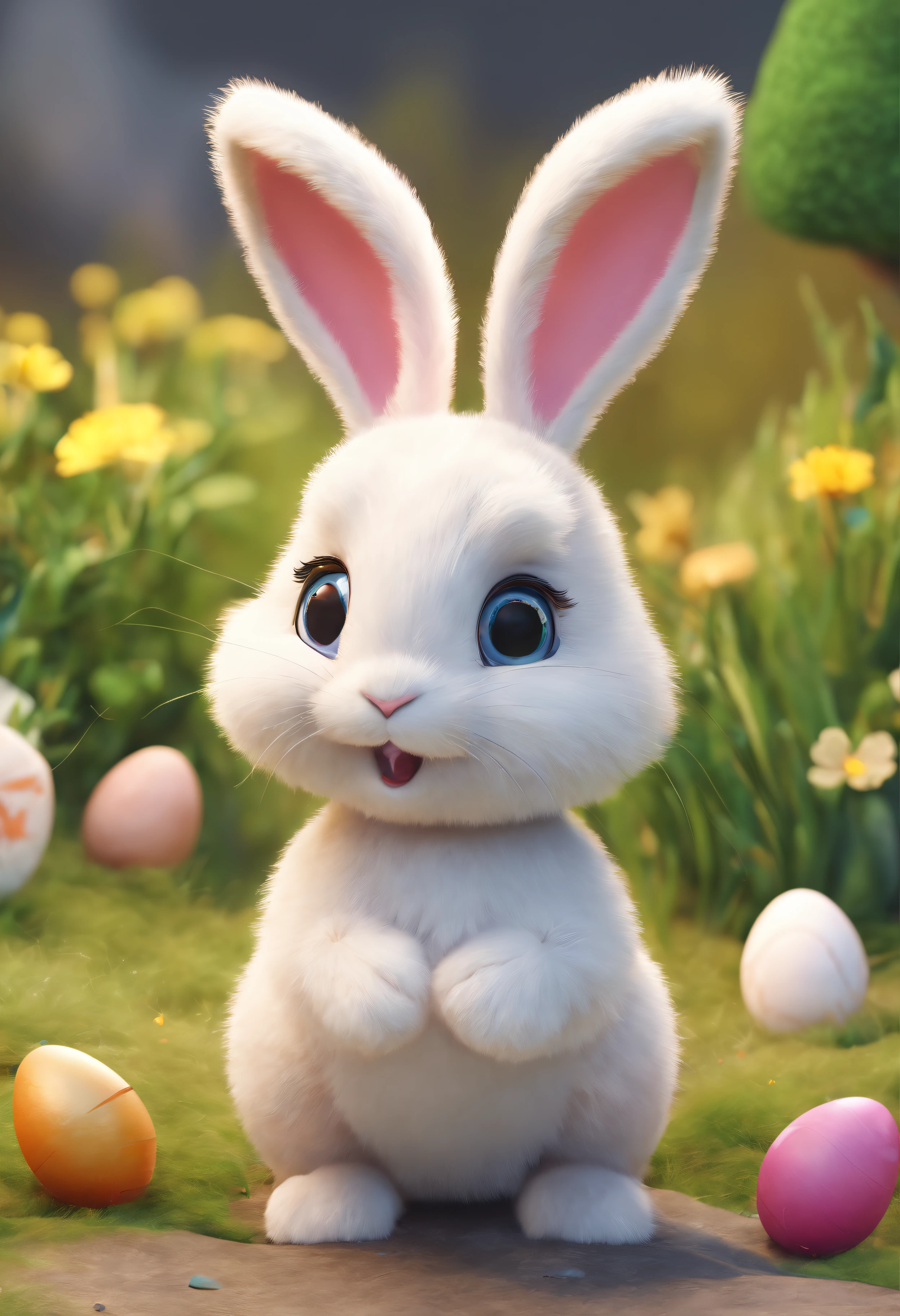 (Bunny cutie),(best quality,4k,8k,highres,masterpiece:1.2), ultra-detailed, realistic:1.37,
big-eyed cute bunny, adorable bunny, fluffy white fur, running, holding a n easter egg in hands