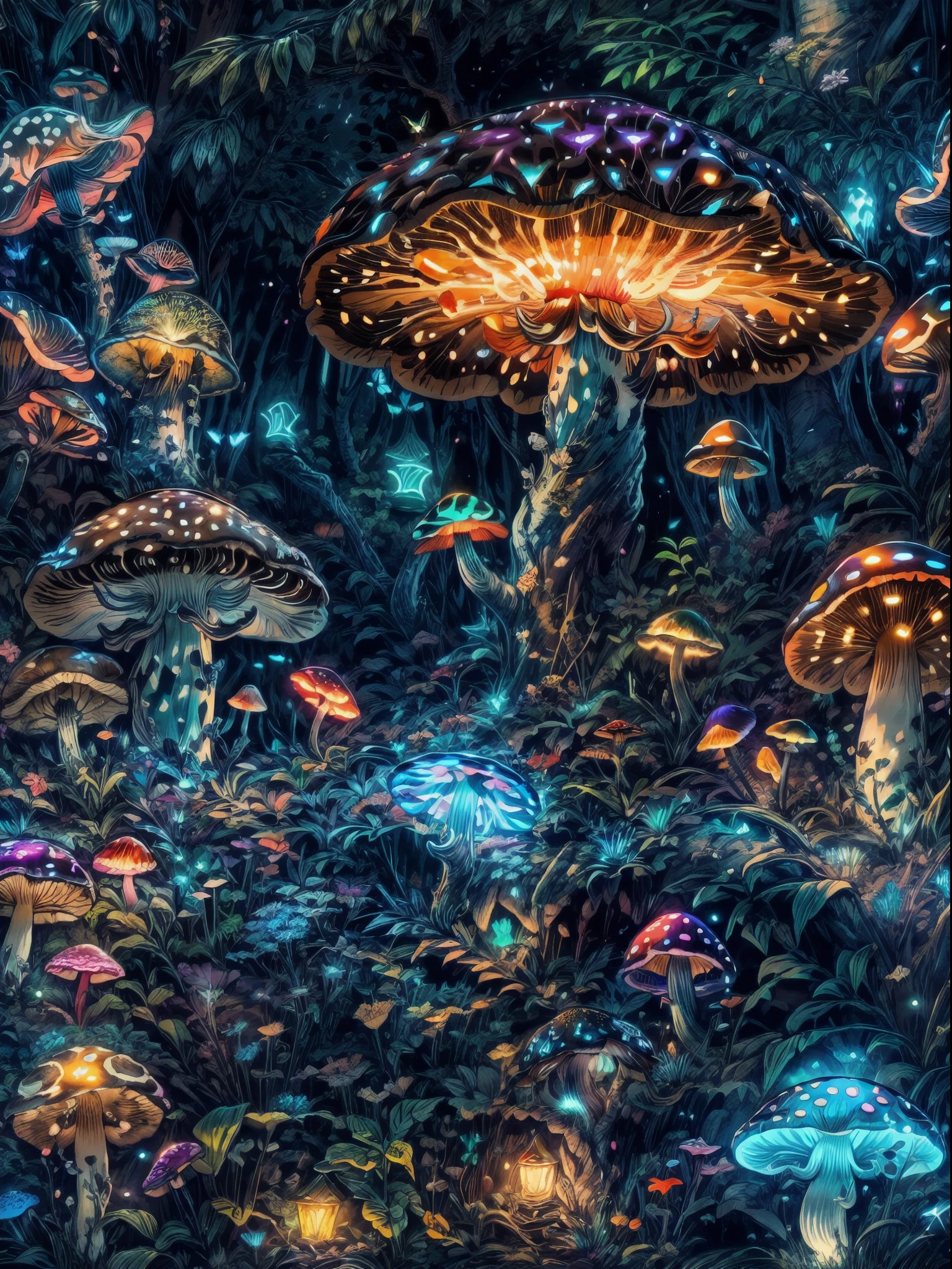 (best quality,4k,8k,highres,masterpiece:1.2),ultra-detailed,(realistic,photorealistic,photo-realistic:1.37),giant bioluminescent mushroom,magical mushroom forest,butterflies,fireflies,colorful vibrant mushroom,forest ambiance,lush greenery,mysterious glow,twinkling lights,enchanted atmosphere,ethereal beauty,magic in the air,outdoor scene,peaceful,serene,dream-like,fantasy,mythical,otherworldly,natural wonder,flora and fauna,bioluminescent glow,illuminated,magical essence,mysterious creatures,ethereal glow,mushroom spores,glowing ecosystem,intricate patterns,glowing dots of light,faint fluorescence,softly glowing mushrooms,creating a mesmerizing display,dark and mysterious,hidden treasures,luminous,illuminating the surroundings,tranquil night scene,nighttime enchantment,colorful fungi,soft pastel hues,rays of moonlight illuminating the forest,mystical energy,biological marvel.