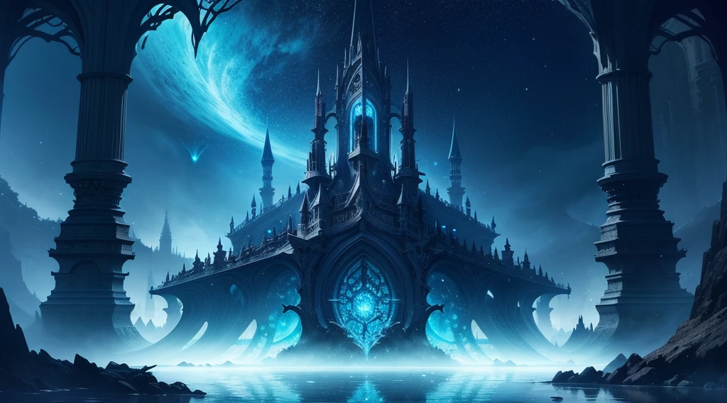 2.5d anime illustration, dark fantasy concept art, goddes, under moonlight, nocturne, midynight, emptiness, trident, Reflectors, bright coloring, level, Bio-luminescence, An intricate underwater world, dreamlike realism, AP Photo Architecture and Landscape, Complex surface details, textures and skin,