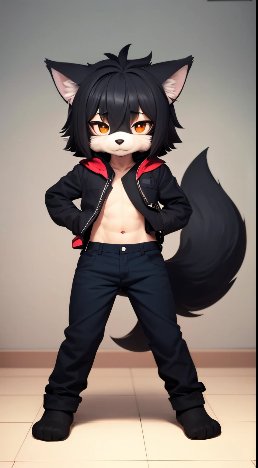 one boy, toned, flexing, sharp big cat ears, cat tail, big black messy hair, extremely vibrant red eyes, masterpiece, vibrant, micro thong , slim dark black hoodie, full body view, neutral face, black thigh socks, combat boots.