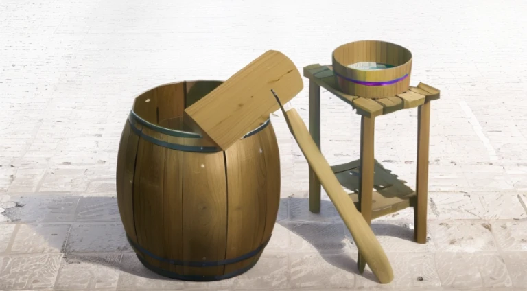 Next to the wooden stand is a wooden barrel with a wooden handle, with a wooden stuff, churning, Inspired by Dongyang, Selangor, eguchi, Inspired by:《Qiu Wen Tianjiang》, wooden toilet, traditional japanese, Inspired by Gatōken Shunshi, Inspired by Hideo Domoto, bamboos