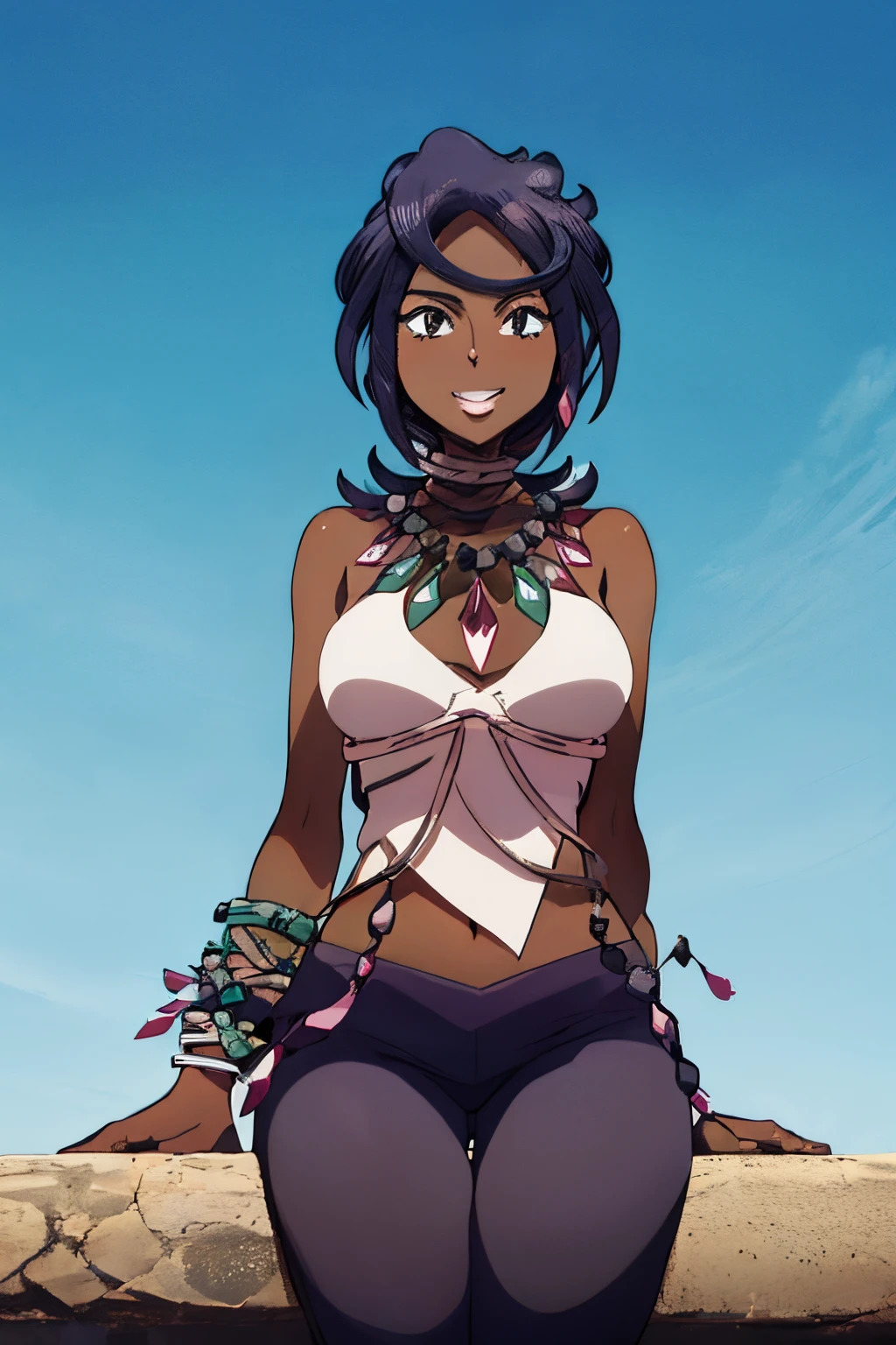 PKMNOLIVIA, dark skin, collar, brazalete, anillo en el cuello,desnuda,abriendo las piernas, Perlas, diafragma,sin pantalones , Correa para el muslo, lipstick, 1girl, solamente, Visor de cara, Mirando al espectador, Parte superior del cuerpo, They are smiling