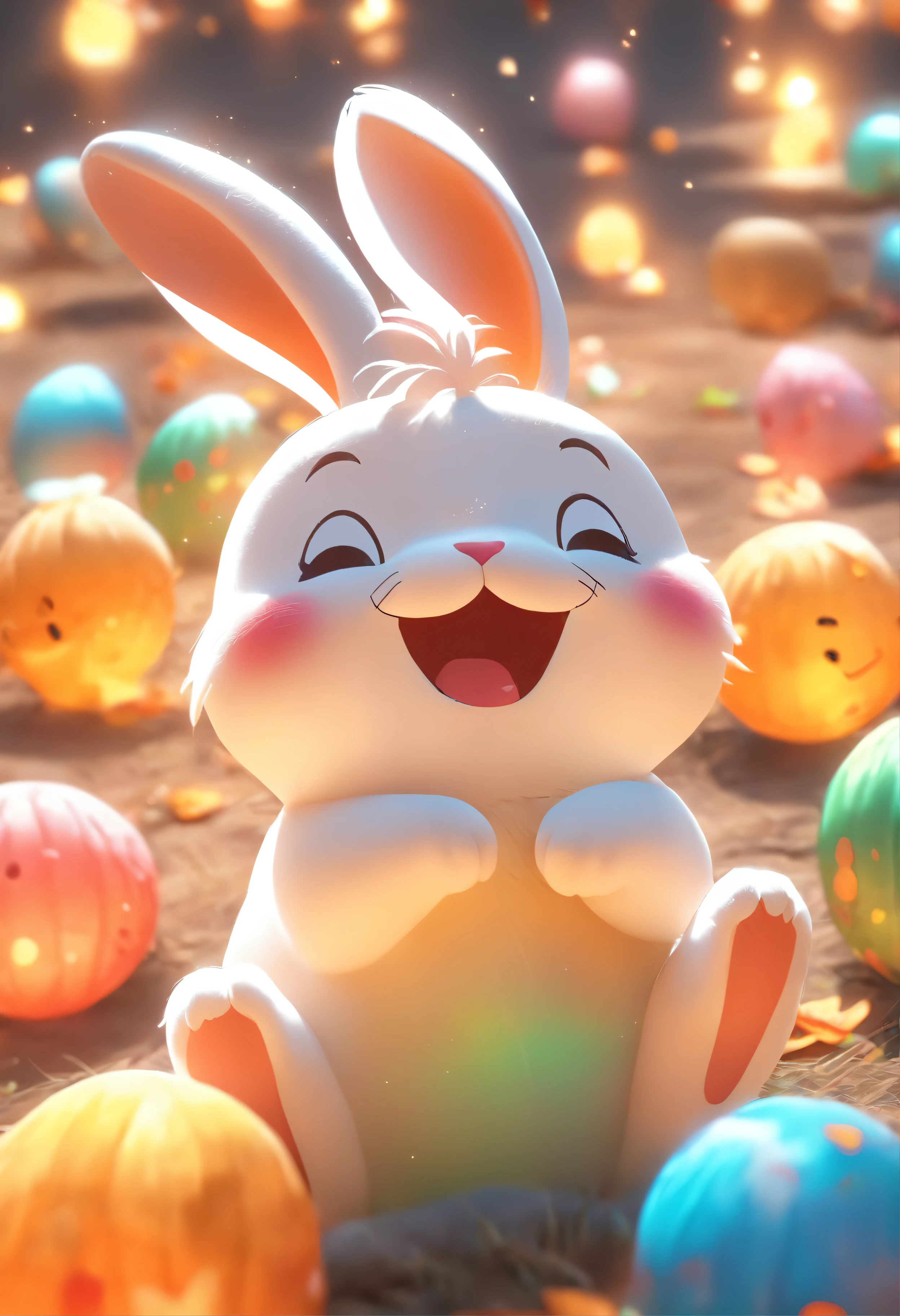 Very cute rabbit, laughing, Mid-Autumn Festival atmosphere, Silk, (Smooth texture), White body, Sitting on the ground, Looking Up, 。.3D, C4D, Best Quality, Super Detail, High quality, 4K - 3:4 - Rainbow 5,