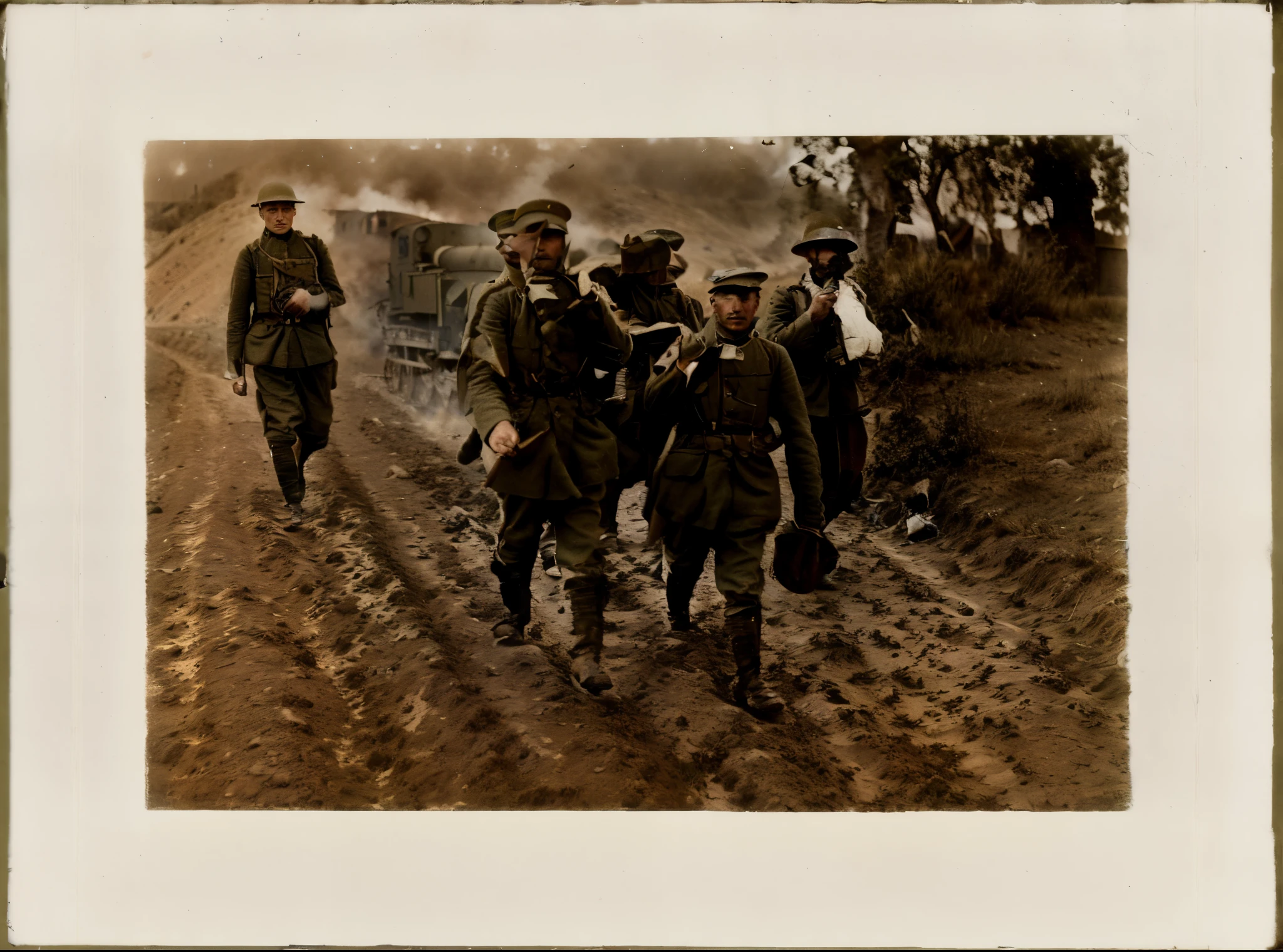 soldiers walking down a dirt road with a train in the background, ww1 film photo, taken on a ww 1 camera, ww1 photo, award winning autochrome photo, wounded soldiers, autochrome, world war one, autochrome photograph, ww 1, ww1, russian ww 1, 1 9 1 4, 1914, wwi, war photo