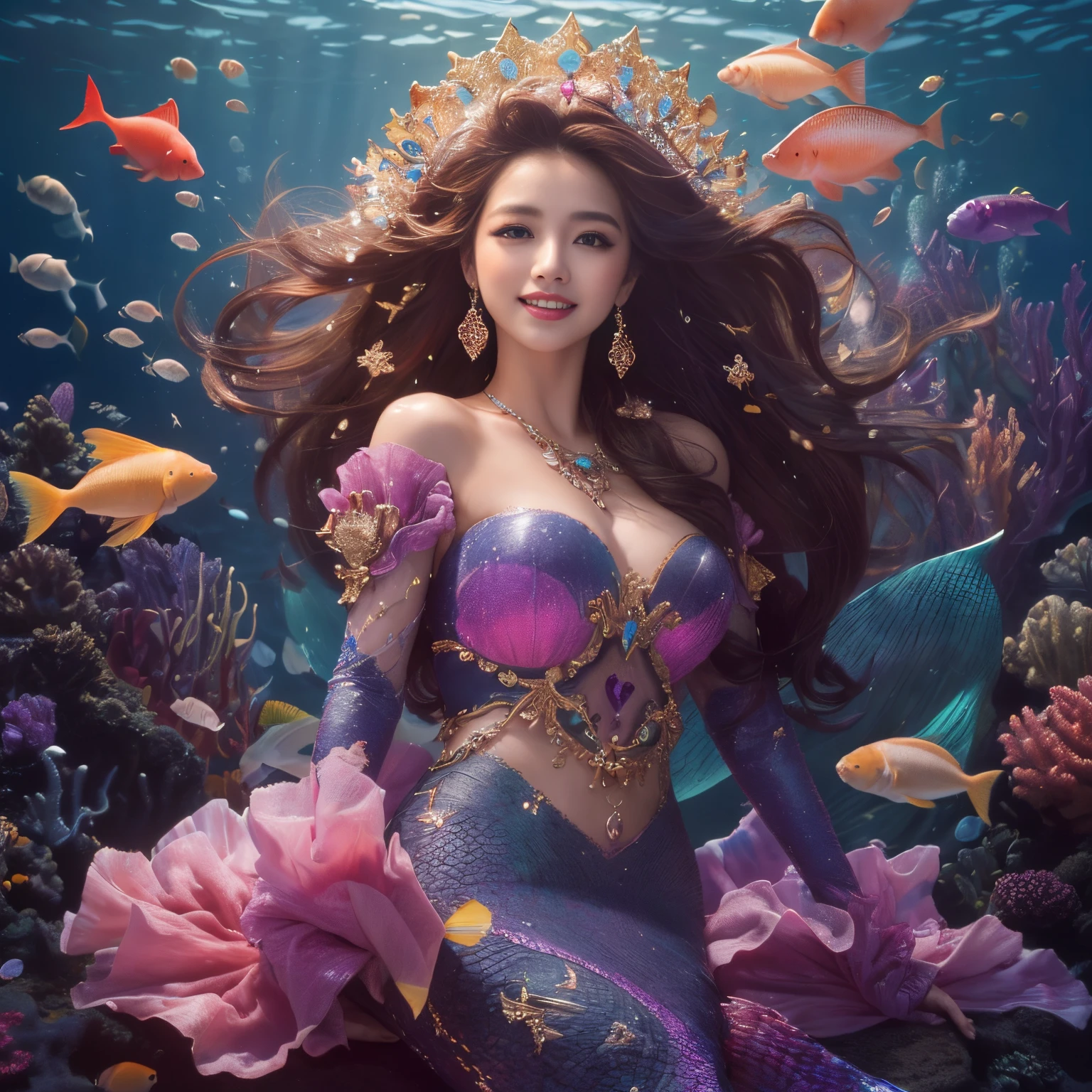 (top-quality、masutepiece、in 8K、Top image quality、super-fine、Award-Winning Works)、One Mermaid、(The most extravagant goddess costume:1.3)、(The most gorgeous and gorgeous goddess costume:1.3)、(The most extravagant pink and purple extravagant costumes:1.3)、(The most intricate pink and purple scales:1.2)、(The most luxurious and gorgeous sea:1.2)、Ultra-precise and complex brilliance of scales、Accurate and beautiful mermaid tail、(Accurate mermaid tail:1.3)、mermaid princess swimming in the deep sea、There are many small fish swimming around、(accurate anatomy:1.2)、View me、Biggest smile、Perfectly depict detailed and complex underwater scenes、Detailed depictions of many beautiful sea creatures