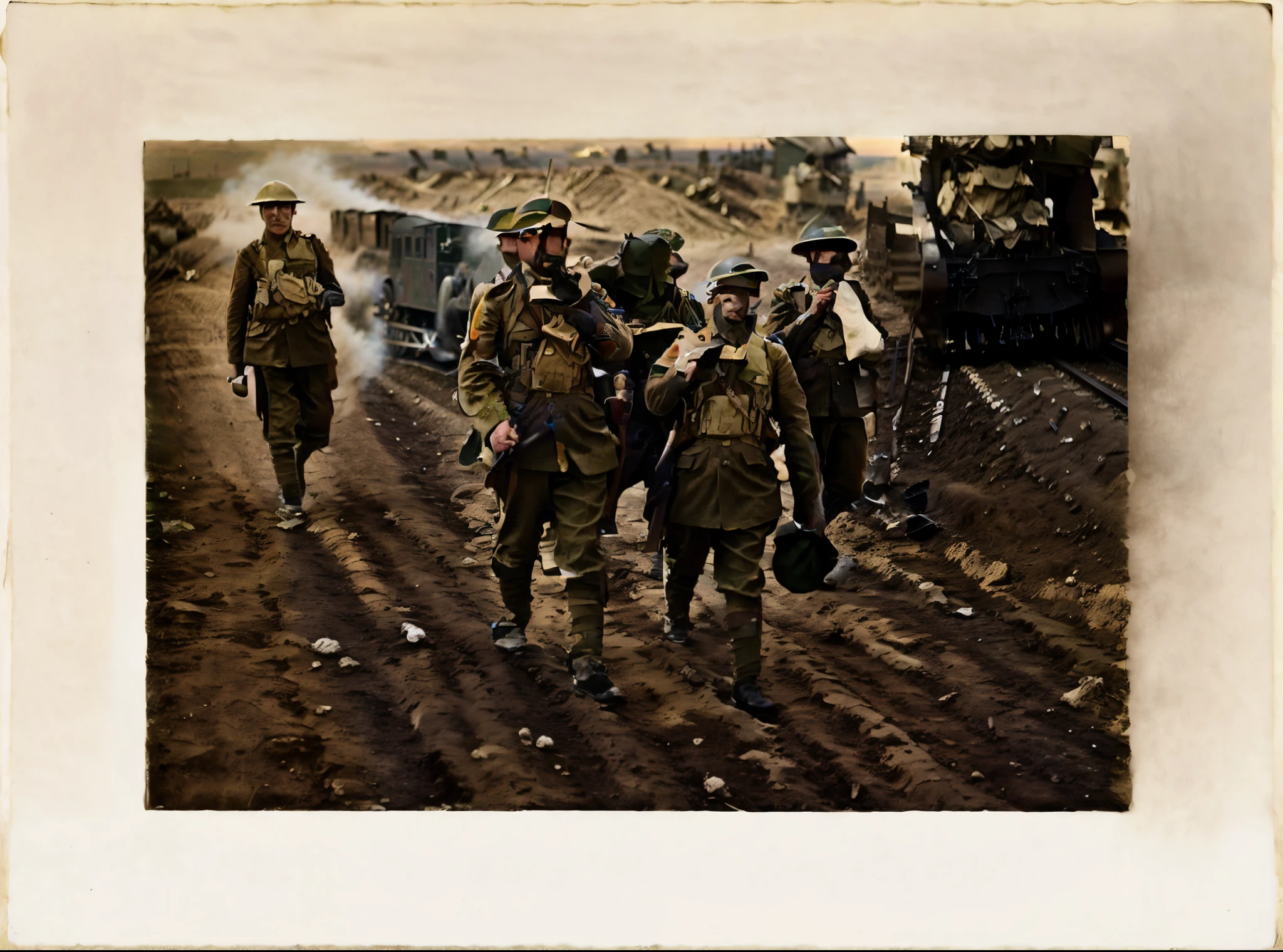 soldiers walking down a dirt road with a train in the background, ww1 film photo, taken on a ww 1 camera, ww1 photo, award winning autochrome photo, wounded soldiers, autochrome, world war one, autochrome photograph, ww 1, ww1, russian ww 1, 1 9 1 4, 1914, wwi, war photo