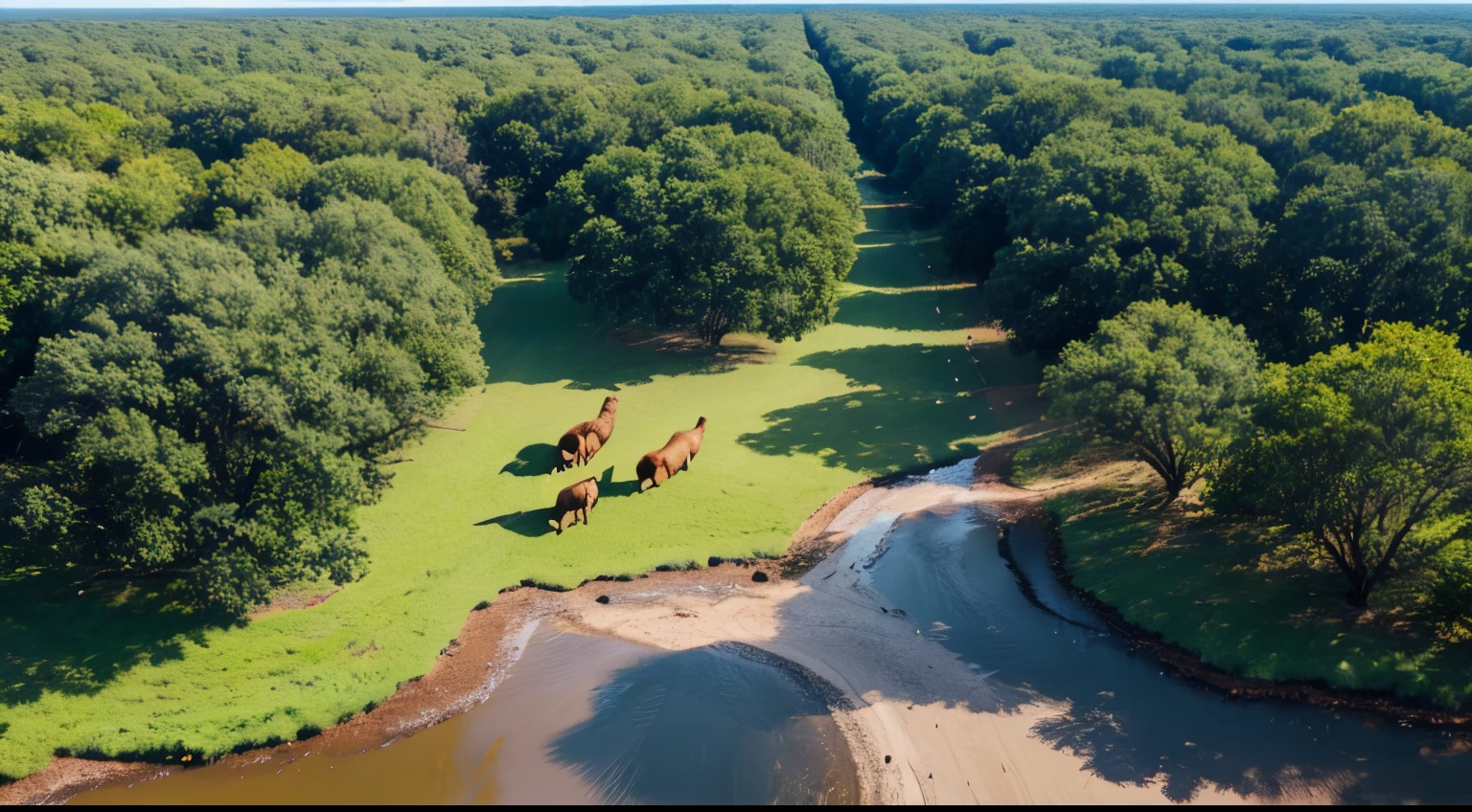 The view from savannah full of animals, zoom out, shooting from drone