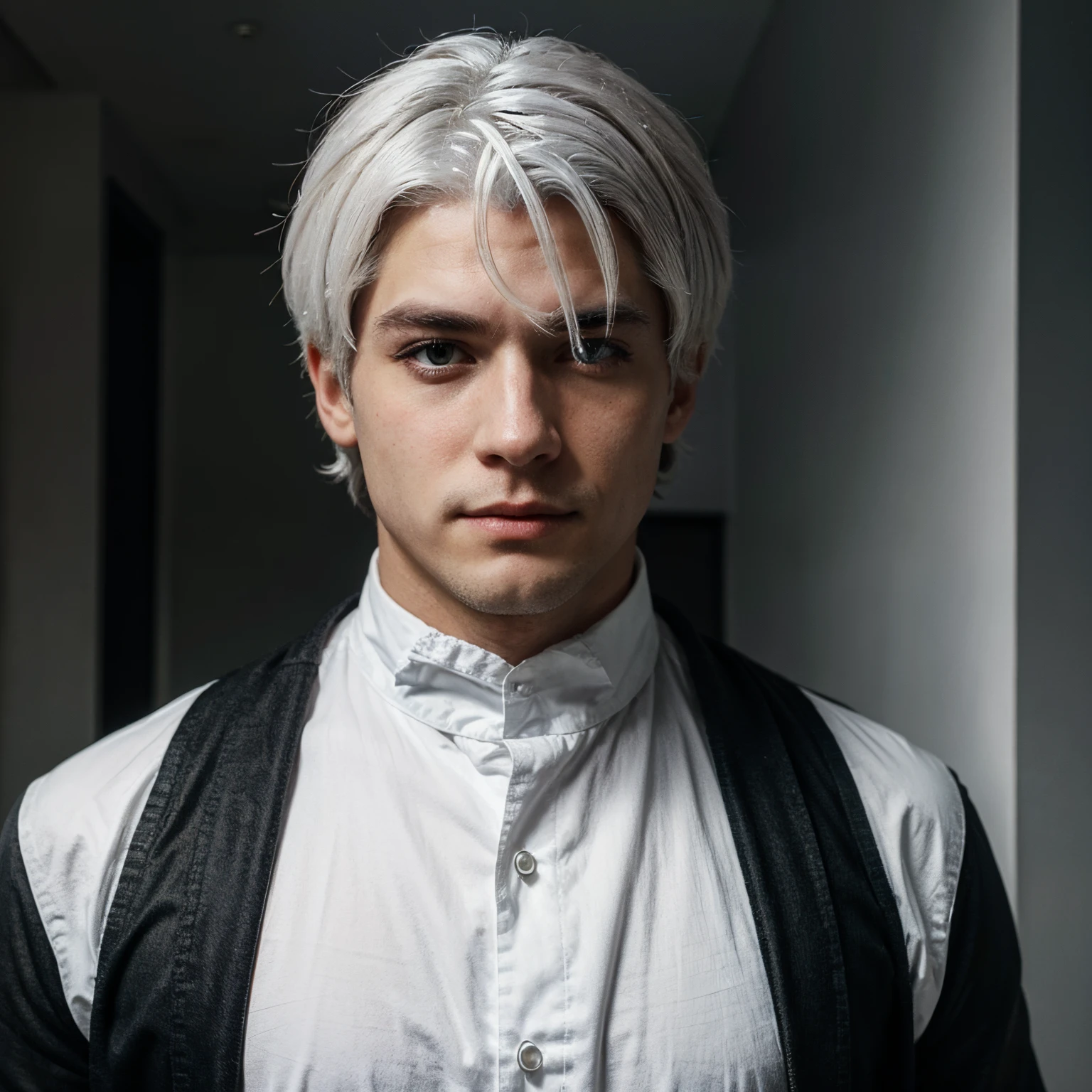 A white hair man with gray eye medium build