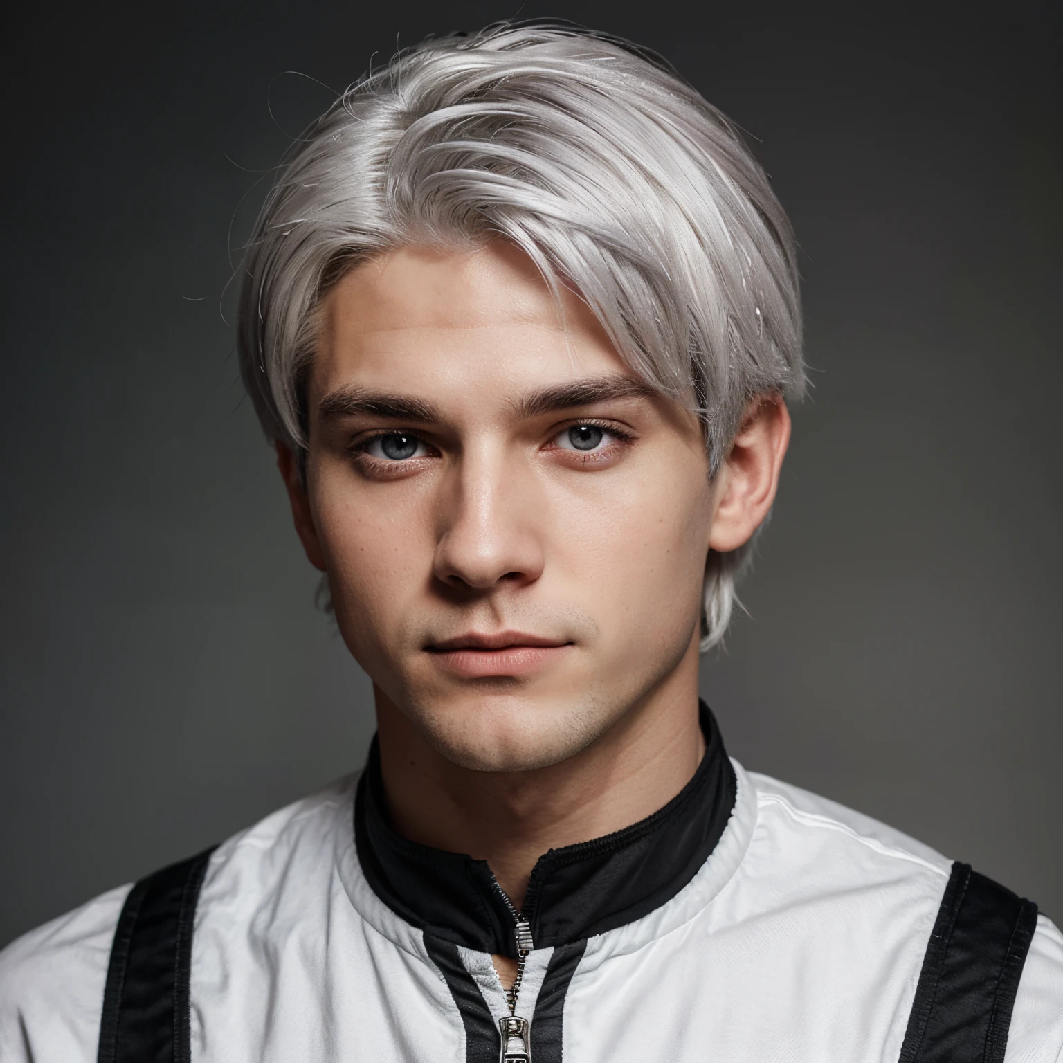 A white hair 25 year old man with grey eyes and a medium build