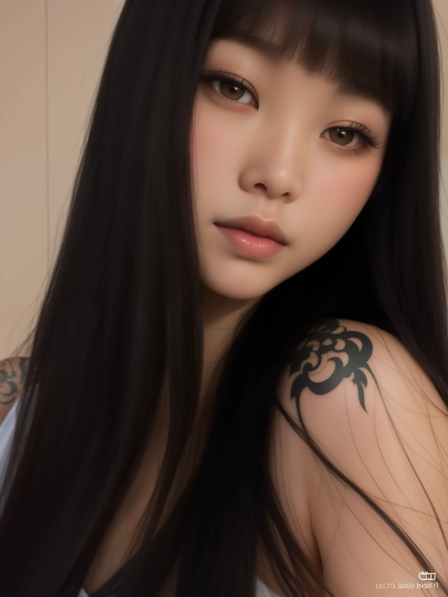 A closeup of a woman with long black hair and a tattoo on her arm, Ela tem cabelo preto com franja, Ulzzang, cruel korean goth girl, 18 anos, preto hime corte cabelo, coreana, Asian girl, com cabelo preto liso, O corte Hime, 🤤 retrato da meninan face, 1 6 anos, Beautiful Asian girl