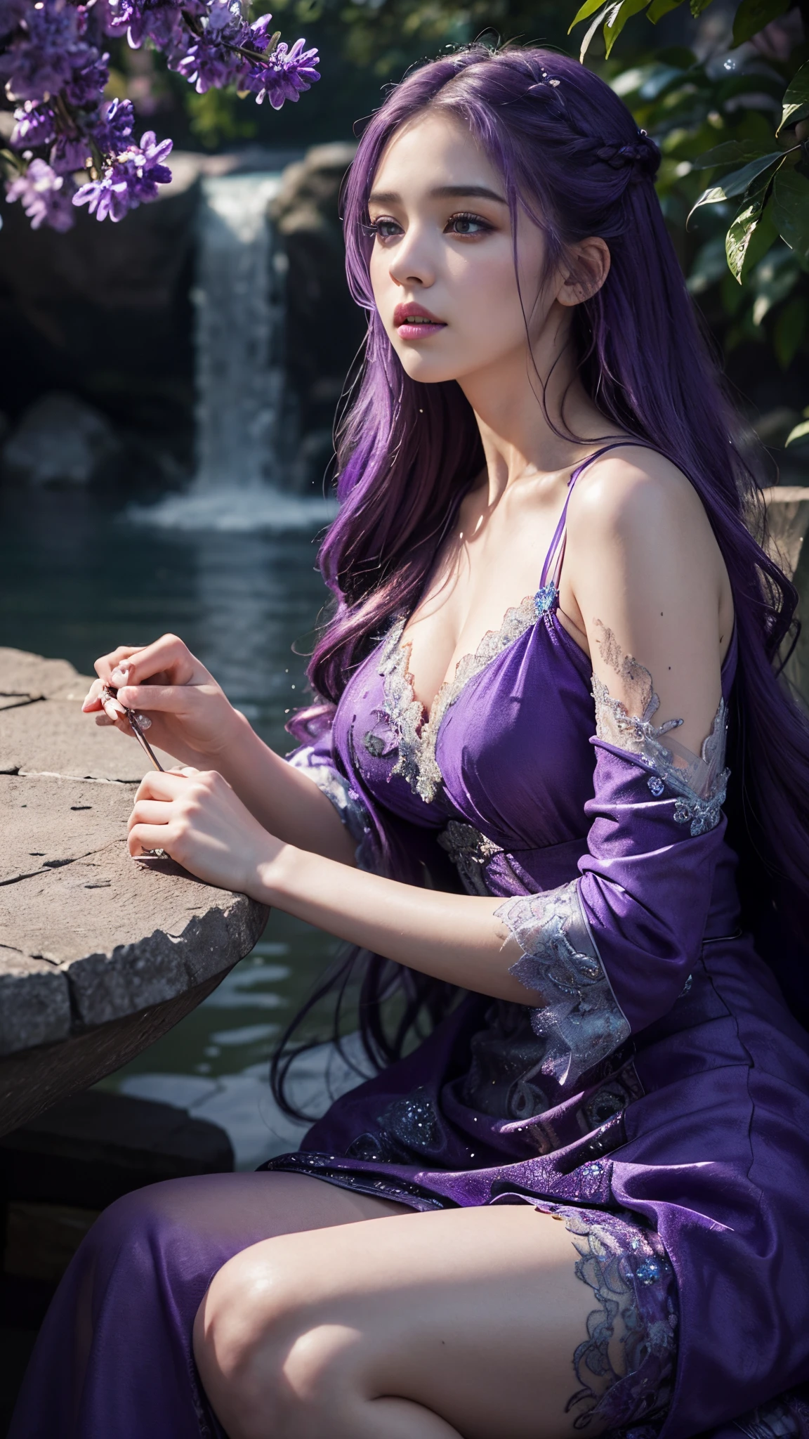 HDR 10, beautiful girl, detailed eyes, detailed lips, very long hair, purple hair, ultra detailed texture, water drops, outdoors, game of thrones, purple heavy dress, (high detailed purple dress:1.5), lace, loops, soft lighting, attractive poses,
