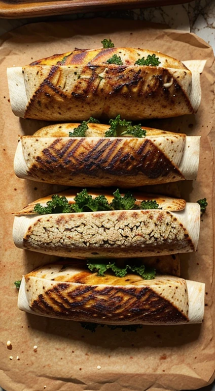 Wrap de frango e vegetais:
Grill seasoned chicken pieces.
Place the grilled chicken pieces on a kale sheet or wholemeal tortilla.
Adicione alface, cenoura ralada, molho leve ou iogurte grego como cobertura.
Inscreva-se como um wrap e sirva.