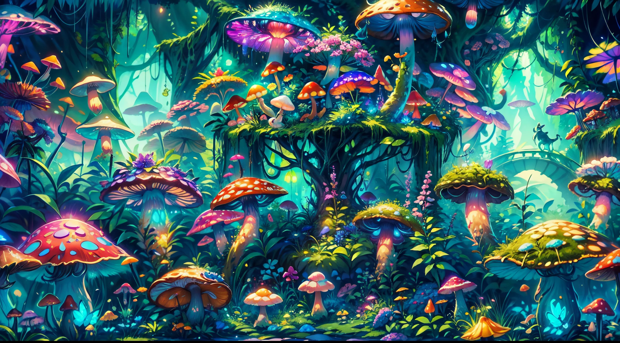 (best quality,4k,highres),(realistic:1.37),mushroom jungle,blue leaf,pink butterfly,firefly,lots of bioluminescent mushroom with different shapes and colors,mushroom land,enchanted atmosphere,vibrant and vivid colors,subtle and gentle lighting,ethereal and dreamlike scenery,surreal and magical ambiance,endless foliage,whimsical mushroom caps,glistening dewdrops,serene and peaceful environment,hidden pathways among mushrooms,delicate and intricate details,dense and lush vegetation,soft and mossy ground,fantastical and otherworldly creatures,tranquil and calm surroundings,illuminated by the glow of mushrooms,dappled sunlight filtering through the canopy,tranquility and harmony in nature,dazzling and iridescent hues,abundance of life and biodiversity,mysterious and enchanted melodies,sense of wonder and awe.