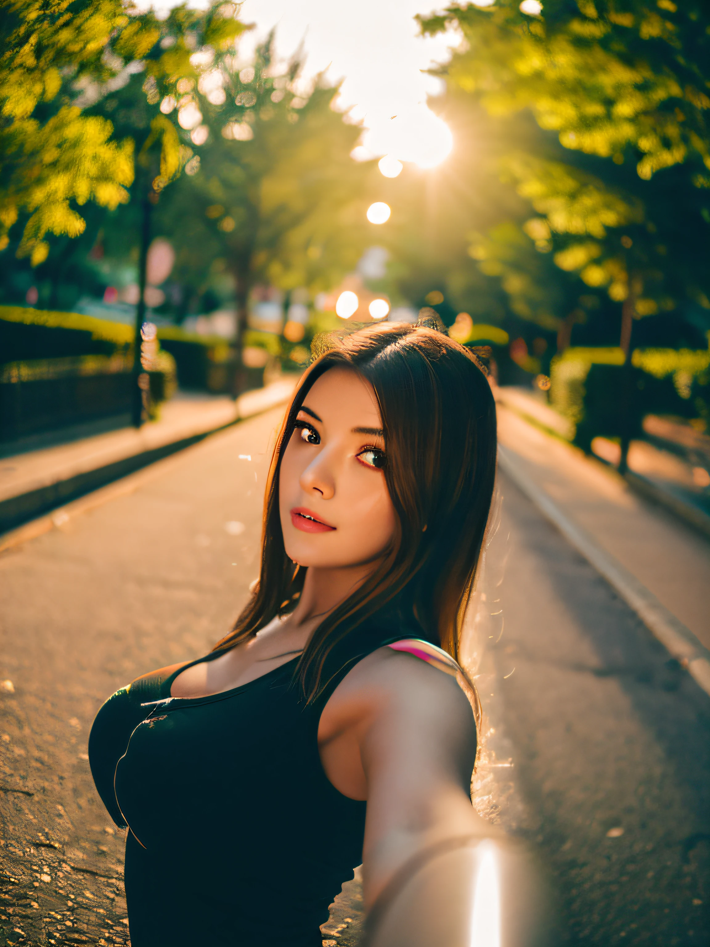 create a hyper realistic image of cute girl taking a selfie in the park, long blonde hair, wearing black t-shirt and jeans, large breasts, green eyes. long dark eyebrows, long eyelashes, background of outside , noght time, 8k, high detailed, sharp focus.,(light trail photography:1.3), (Car taillights), Many tail light wires, (tail light line art), winding city road:1.3, Camera is in manual mode, ND16 filter, F/8, ISO100, (150 seconds long exposure), Shoot from above, Amazingly beautiful lighting, Complex, (tmasterpiece), (Best quality at best), (hyper-high detail), (realisticlying:1.3)