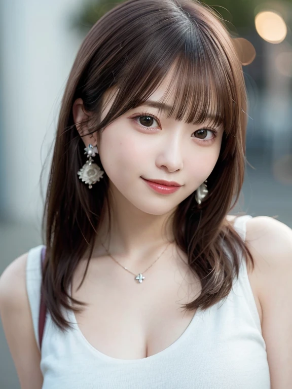 Top Quality, Realistic, 8K, Solo, Smile, Masterpiece, One Girl, Bokeh, Depth of Field, Professional Lighting, High Resolution, Gorgeous, Bangs, Lens Flare, Cute, Photorealistic : 1.37, Earrings, RAW Photography, Absurdity, Watching Viewer, Skindentation, Female, Full Body, Masterpiece: 1.2, Portrait: 0.6, Necklace, pureerosface_v1, skinny, dynamic pose, mole, floating hair, lips
