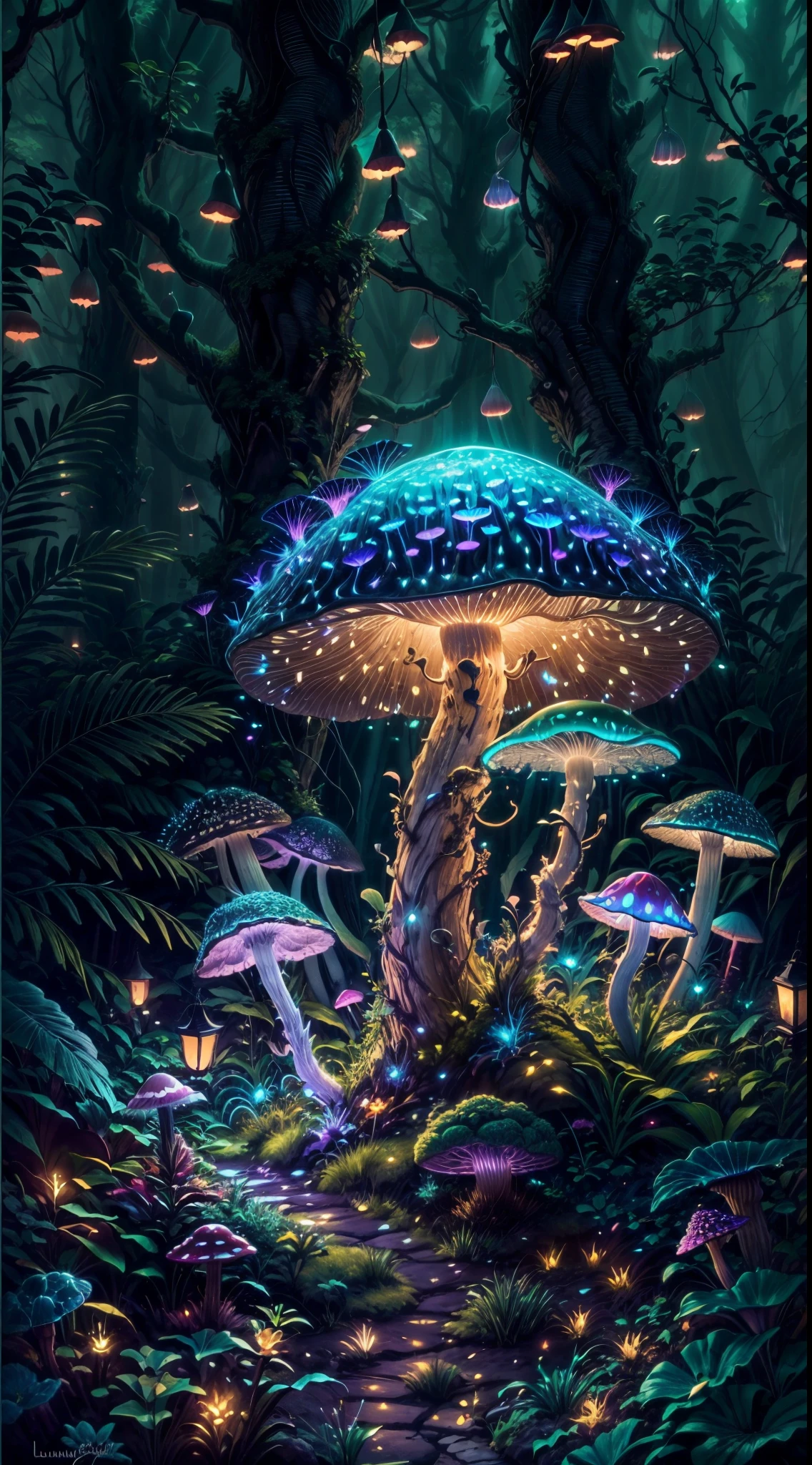 (best quality,4k,8k,highres,masterpiece:1.2),ultra-detailed,(realistic,photorealistic,photo-realistic:1.37),giant bioluminescent mushroom,magical mushroom forest,butterflies,fireflies,colorful vibrant mushroom,forest ambiance,lush greenery,mysterious glow,twinkling lights,enchanted atmosphere,ethereal beauty,magic in the air,outdoor scene,peaceful,serene,dream-like,fantasy,mythical,otherworldly,natural wonder,flora and fauna,bioluminescent glow,illuminated,magical essence,mysterious creatures,ethereal glow,mushroom spores,glowing ecosystem,intricate patterns,glowing dots of light,faint fluorescence,softly glowing mushrooms,creating a mesmerizing display,dark and mysterious,hidden treasures,luminous,illuminating the surroundings,tranquil night scene,nighttime enchantment,colorful fungi,soft pastel hues,rays of moonlight illuminating the forest,mystical energy,biological marvel.
