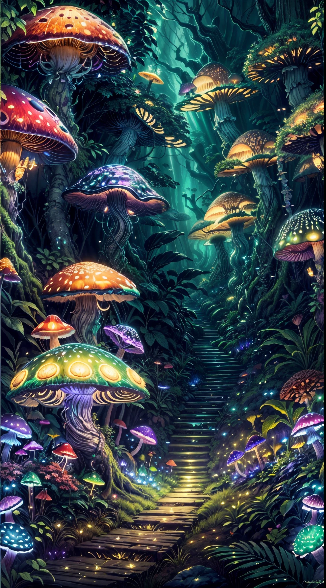 (best quality,4k,8k,highres,masterpiece:1.2),ultra-detailed,(realistic,photorealistic,photo-realistic:1.37),giant bioluminescent mushroom,magical mushroom forest,butterflies,fireflies,colorful vibrant mushroom,forest ambiance,lush greenery,mysterious glow,twinkling lights,enchanted atmosphere,ethereal beauty,magic in the air,outdoor scene,peaceful,serene,dream-like,fantasy,mythical,otherworldly,natural wonder,flora and fauna,bioluminescent glow,illuminated,magical essence,mysterious creatures,ethereal glow,mushroom spores,glowing ecosystem,intricate patterns,glowing dots of light,faint fluorescence,softly glowing mushrooms,creating a mesmerizing display,dark and mysterious,hidden treasures,luminous,illuminating the surroundings,tranquil night scene,nighttime enchantment,colorful fungi,soft pastel hues,rays of moonlight illuminating the forest,mystical energy,biological marvel.