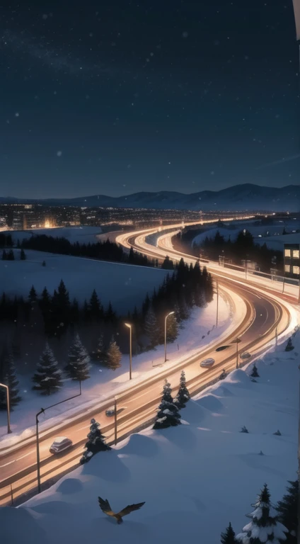 ((Bird's Eye View )) outside, scenery, highway, Night, snowing, Christmas time.