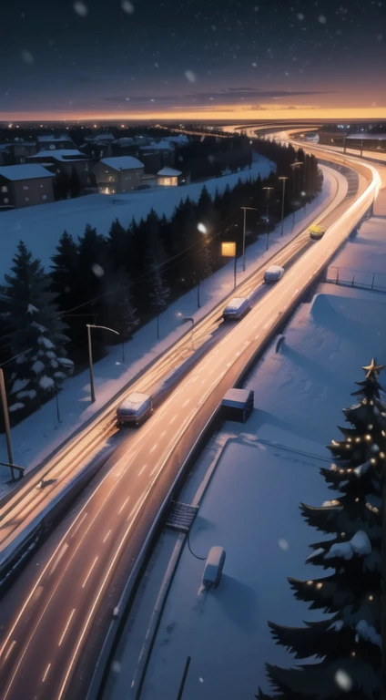 ((Bird's Eye View )) outside, scenery, highway, Night, snowing, Christmas time.
