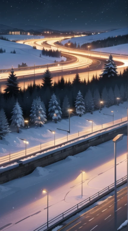 ((Bird's Eye View )) outside, scenery, highway, Night, snowing, Christmas time.