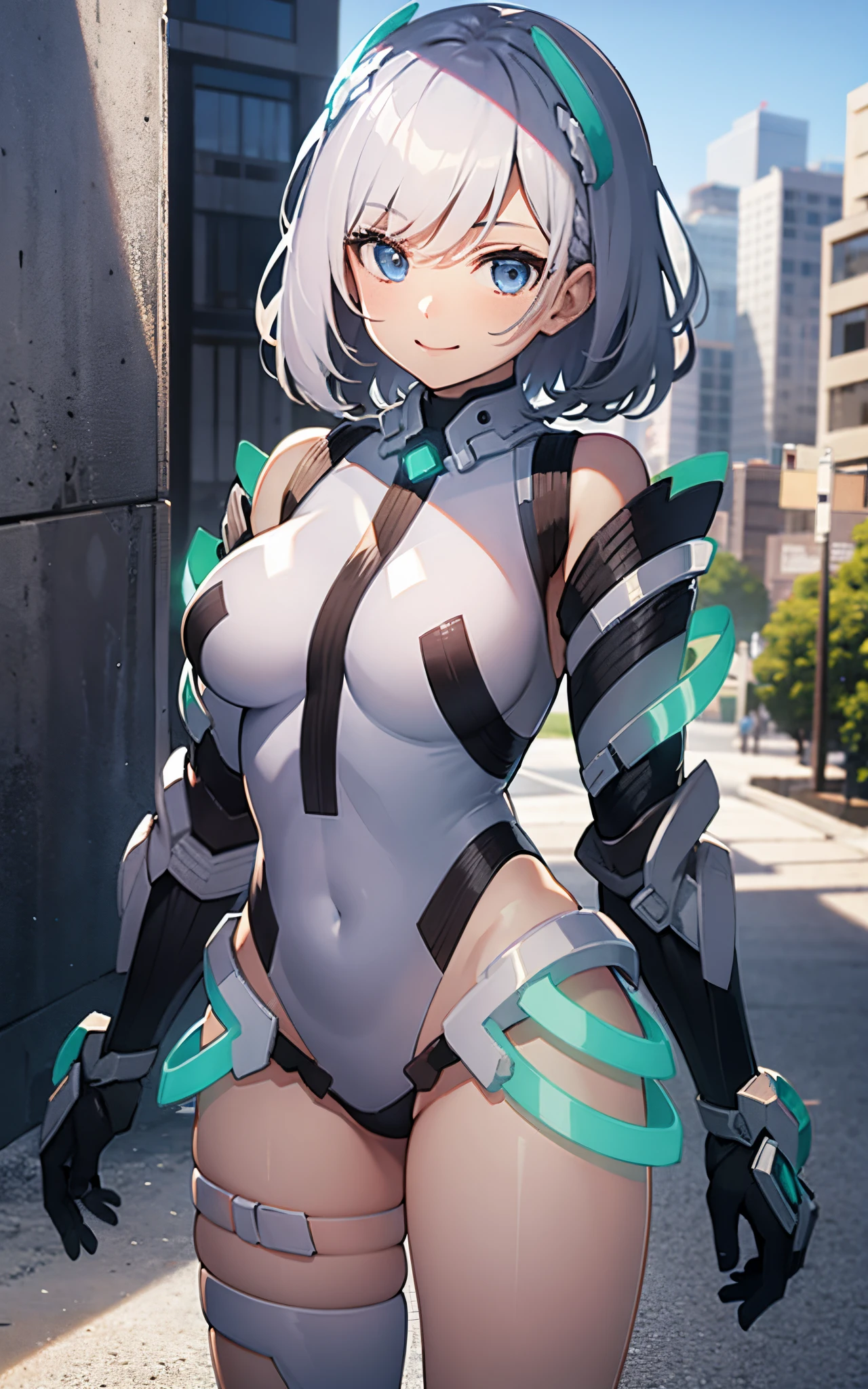 lightsmile, deva battle suit, Outdoors, Silver hair, bobhair, Blue eyes, waist shot