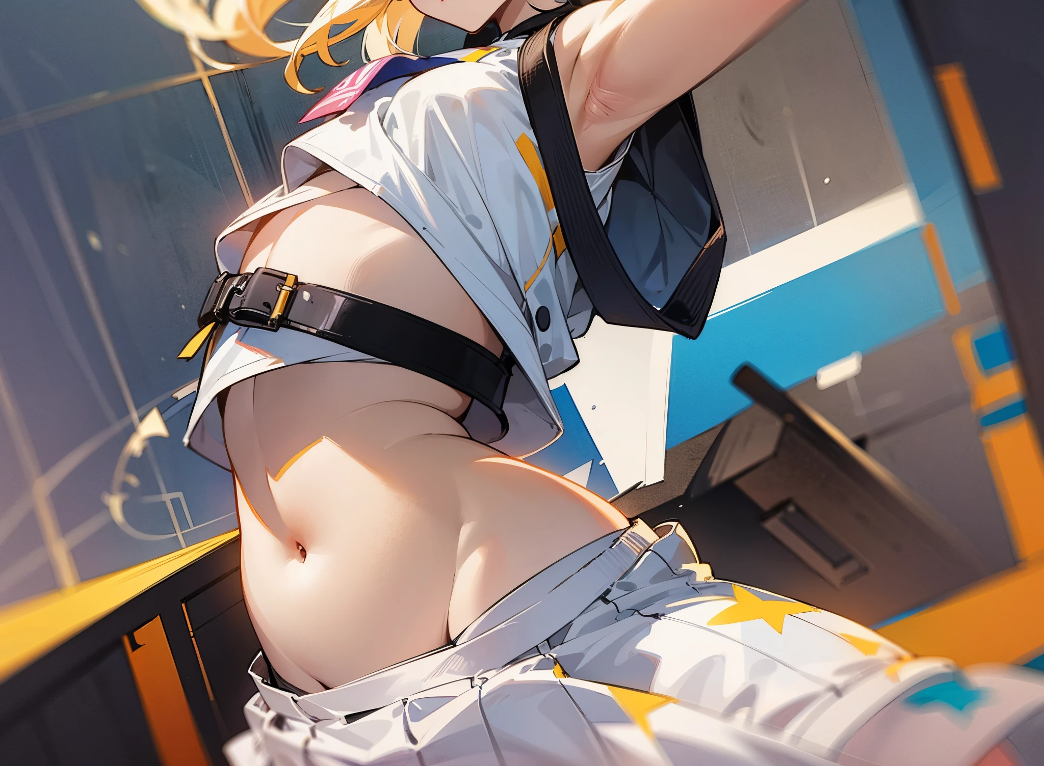 young girl wearing a crop top and a white skirt lifts her skirt a little bit so you can see her panties --auto --s2