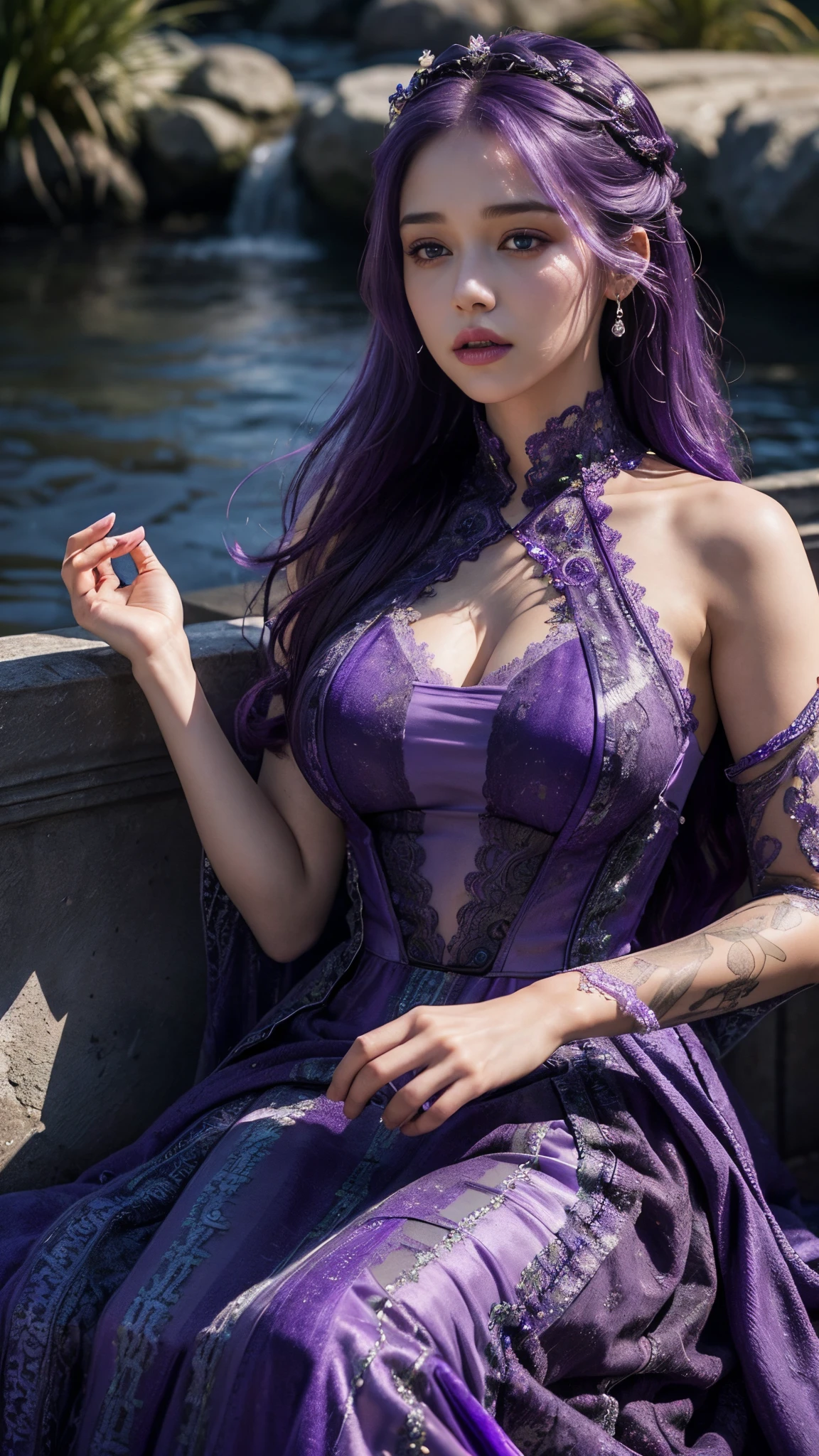 HDR 10, beautiful girl, detailed eyes, detailed lips, very long hair, purple hair, ultra detailed texture, water drops, outdoors, game of thrones, purple heavy dress, (high detailed purple dress:1.5), lace, loops, soft lighting, sitting,