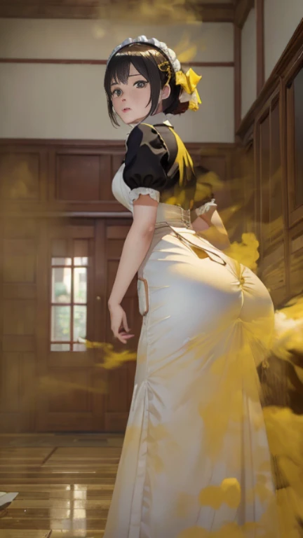 ((velocity)),Yellow smoke,Attacked by farts, (((Women farting))),(girl farting while sweeping floor)),frowned,velocity,(Yellow smoke is rising))(a female maid), (wearing a maid outfit),(standing facing the screen),(her butt facing the screen)) (short hair),(Asian woman),(sitting room),(masterpiece:1.2、top-quality)、(the Extremely Detailed CG Unity 8K Wallpapers、ultra-detailliert、Best Shadows)、(细致背景)、(The best lighting、extremely delicate and beautiful)、depth of fields、1girl in、独奏、upward looking gaze、