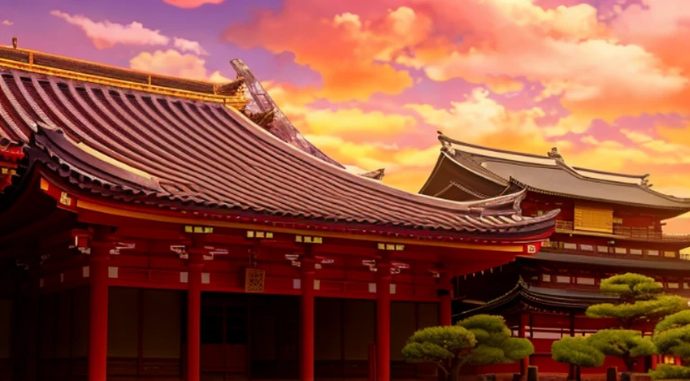 There is a photo of the building，There is a clock on it, a temple background, Zen temple background, japanese temples, anime backgrounds, japanese temples, background depicting a temple, Anime background art, Colorful anime movie background, Anime landscapes, beautiful anime scenes, Anime beautiful peaceful scene, anime movie backgrounds, beautiful anime scenery, ancient japanese architecture, Colorful Fox City