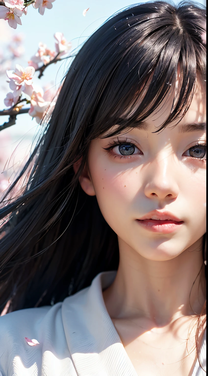 (A logo、​masterpiece、8K、masutepiece、Raw photo、Fantastic、Best Quality、Photorealistic、extremely detailed CG unified 8k wallpaper、hightquality、ighly detailed、epic poem、Particle effect、Dynamic effects、depth of fields、Cinematic Light、Lens Flare、Ray tracing)、Fantasia、 (1 beautiful woman in a white coat、robe blanche、Japanese dress、A dark-haired、Beautiful face、Real Face、Beautiful detail eyes、Beautiful skin)、Hair flutters in the wind、Hair jumps、Pink cherry blossom tree、Petals flutter、Sakura blizzard、Superb view、morning glow、Sun in the background、the wind、Deities、tusk、myth、Vast Land、