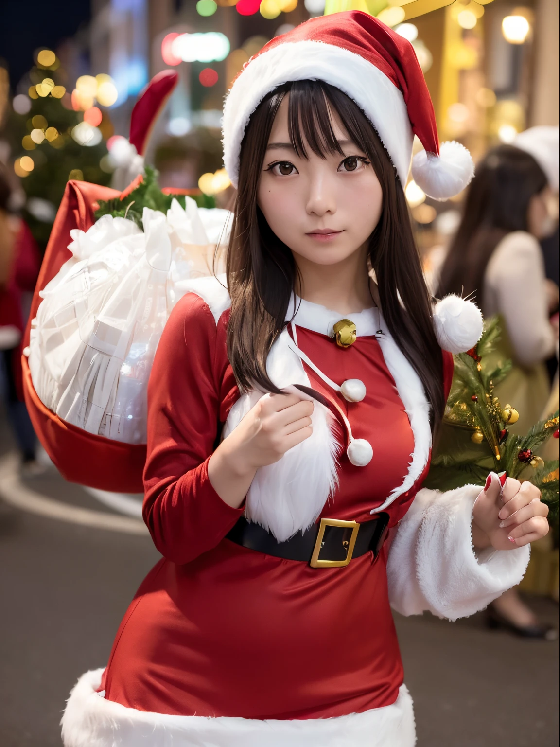 A Japanese Lady,Beautuful Women,(((Girl dressed as Santa Claus))),Night,illuminations,surrealism, F/1.2, Fuji Film, 35 mm, 8K, Super Detail, nffsw, masutepiece, Textured skin, High quality, Best Quality, hard disk