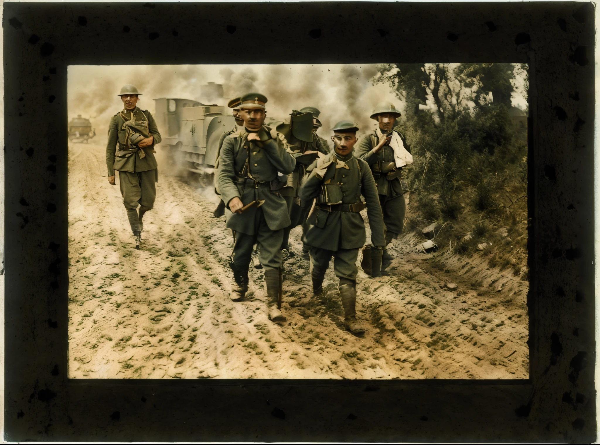 soldiers walking down a dirt road with a train in the background, ww1 film photo, taken on a ww 1 camera, ww1 photo, award winning autochrome photo, wounded soldiers, autochrome, world war one, autochrome photograph, ww 1, ww1, russian ww 1, 1 9 1 4, 1914, wwi, war photo