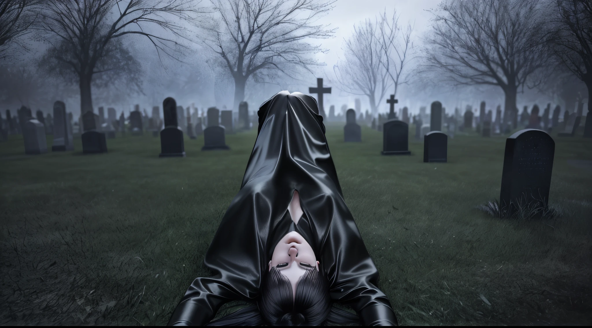 there is a woman in a black body bag laying on a grass ground, in a graveyard,dead wednesday addams, grave, in the middle of a graveyard, dead body, spooky photo, dark graveyard scene (masterpiece:1.4), (8k, photorealistic, RAW photo, best quality: 1.4), rimlight, (1girl), beautiful face, (realistic face:1.4), (high detailed hair:1.3), beautiful hairstyle, realistic eyes, beautiful detailed eyes, (realistic skin:1.3), beautiful skin, attractive, ultra high res, ultra realistic, highly detailed, golden ratio, (detailed face:1.4), (realistic medium breasts:1.4), (braless:1.4), perky_nipples,
