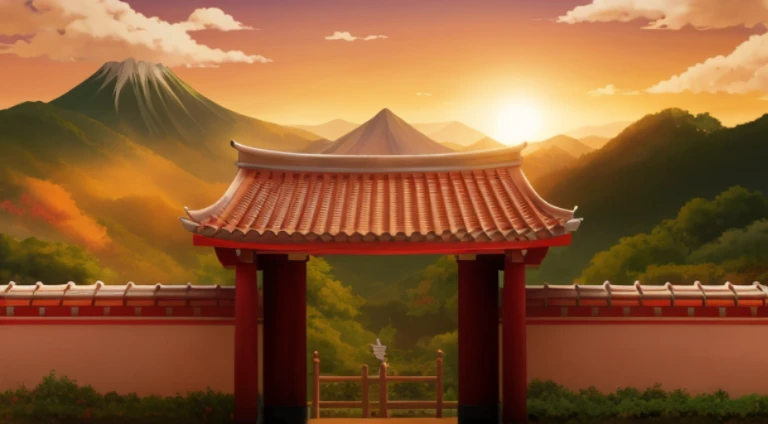 There is a red roof,There is a bird on it,The background is a mountain, Anime beautiful peaceful scene, beautiful anime scenes, Anime landscapes, anime backgrounds, a temple background, beautiful anime scenery, anime scene, background depicting a temple, anime movie backgrounds, Anime background art, Colorful anime movie background, Screenshot of the animated movie, anime movie screenshot, Anime countryside landscape