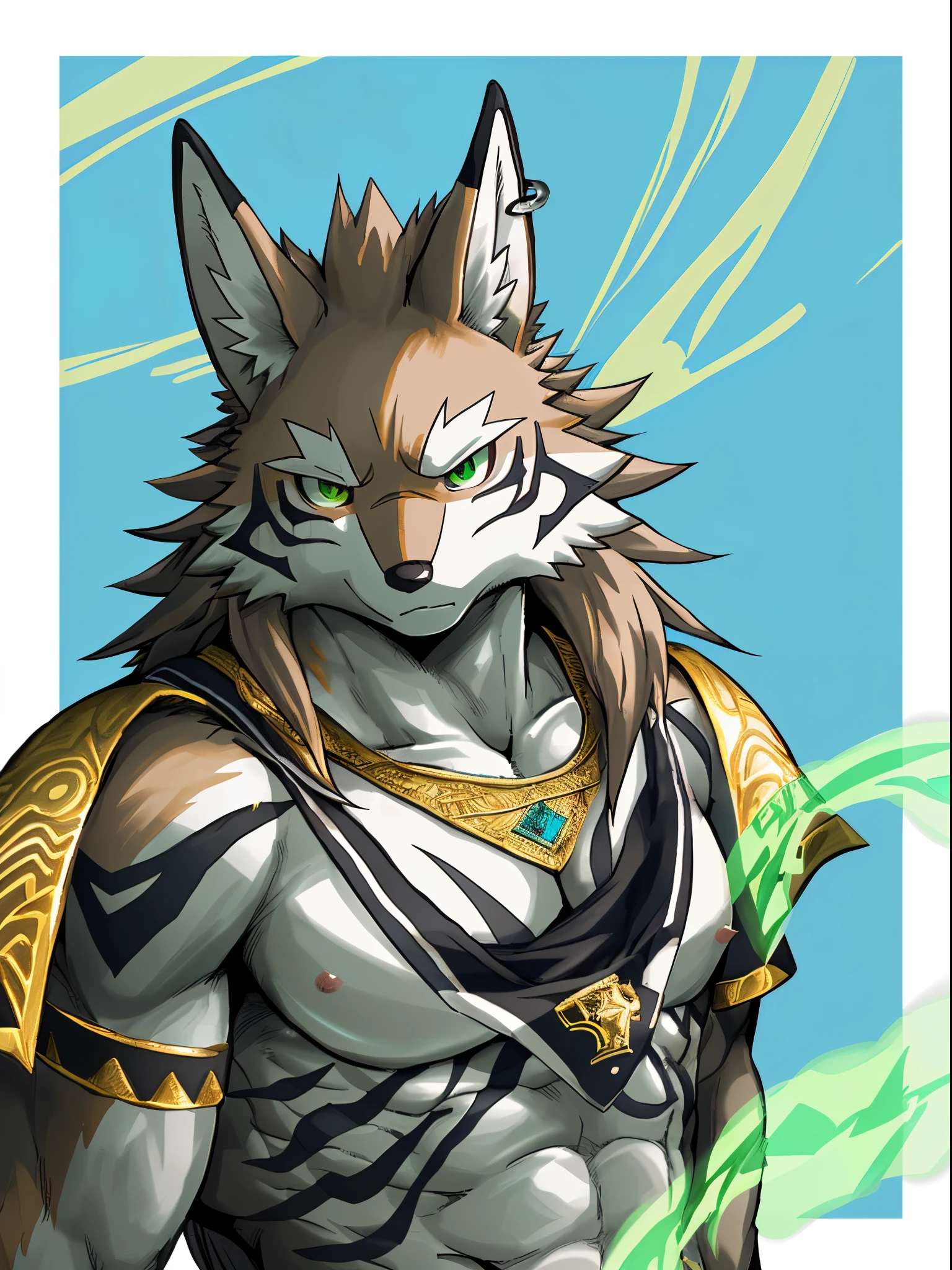 Seto (Tokyo After-School Summoners), Seto(Wandering Longing), Seth (it), Seto, Kazuma Koda, coyote, gold necklace, Gold jewelry, Ear piercing, wear a loincloth, Green Eye, Grey Body, white body, Brown Body, stripes, Striped body, Muscular men, High Quality, 8K, High image quality, NSFW Works, pixiv, colorful background, bright background, Business card, shadowy, Muscular, A composition where the whole body is visible, The right ratio, Sexy, green aurora, colorful aurora, perky, violent, self-assured, soft
