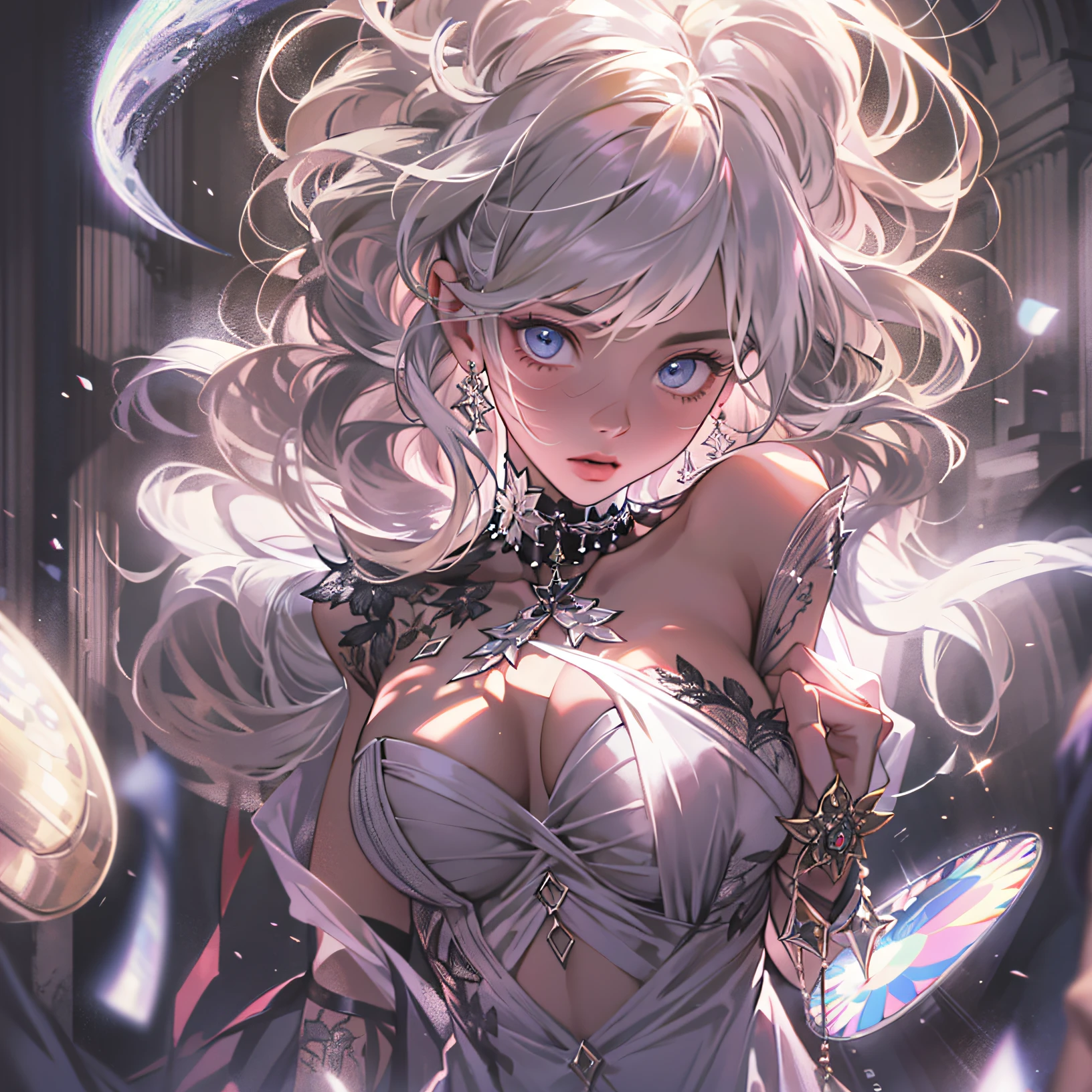 Best quality, tmasterpiece, A high resolution, 1 busty girl, Porcelain dress, hair adornments, choker necklace, jewely, Nice face, upon body, dingdall effect, actual, dark studio, edge lit, Two-tone lighting, (highdetailskin: 1.2), 8k ultra high definition, SLR camera, Soft lighting, high high quality, volumettic light, Frankness, photore, A high resolution, 4K, 8K, The background is blurred,