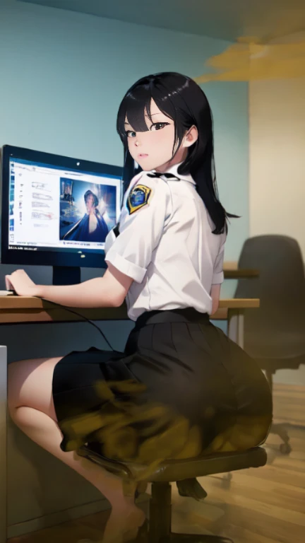 ((velocity)),,Attacked by farts, (((Women farting))),(girl farting while seat and use computers )),frowned,velocity,()(a female police), (wearing shirt and skirt),(sit facing the screen),(her butt facing the screen)) (long black hair),(Asian woman),(workspace),(masterpiece:1.2、top-quality)、(the Extremely Detailed CG Unity 8K Wallpapers、ultra-detailliert、Best Shadows)、(细致背景)、(The best lighting、extremely delicate and beautiful)、depth of fields、1girl in、独奏、upward looking gaze、